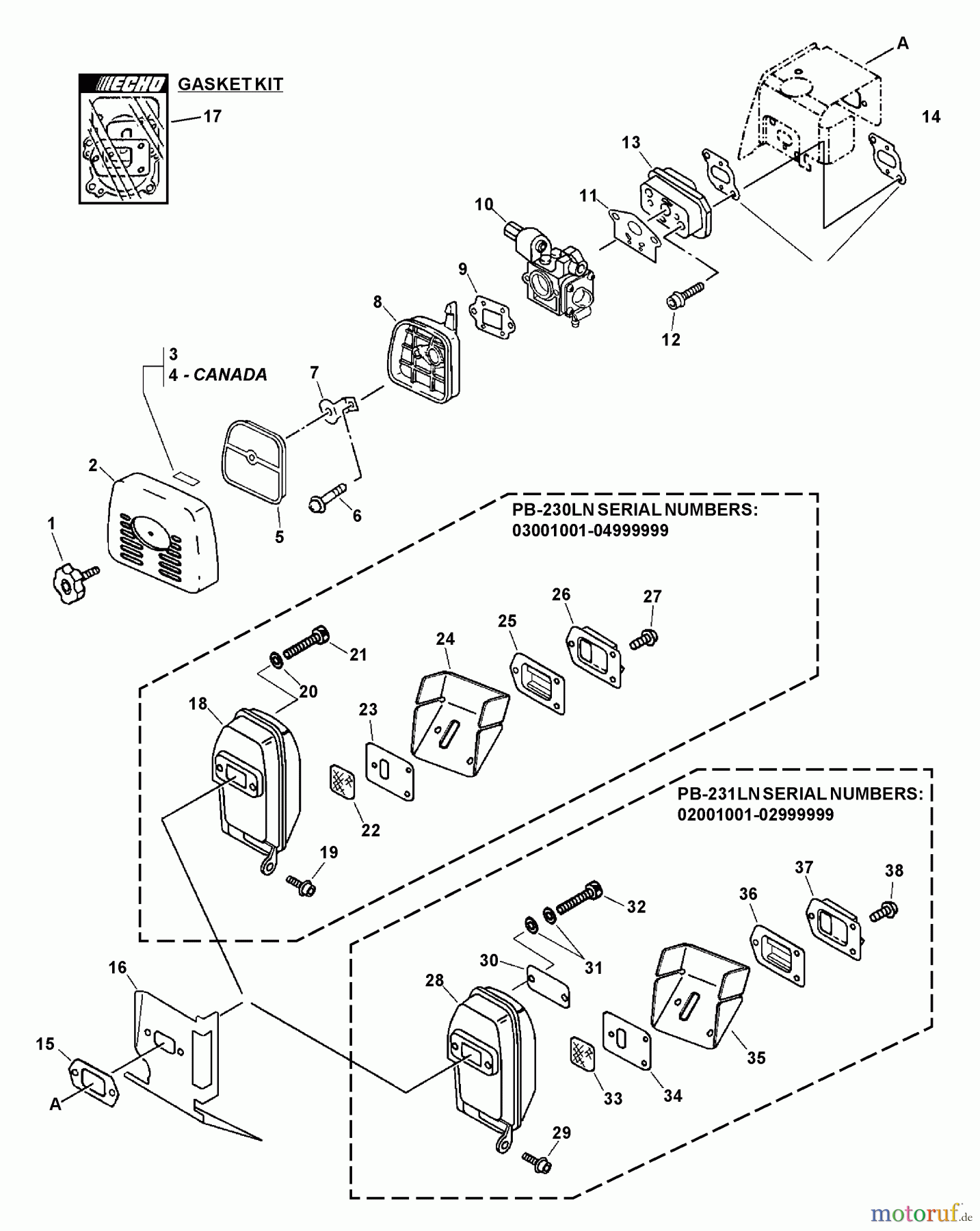 Echo Bläser / Sauger / Häcksler / Mulchgeräte PB-230LN - Echo Hand Held Blower, S/N: 04001001 - 04999999 Intake, Exhaust