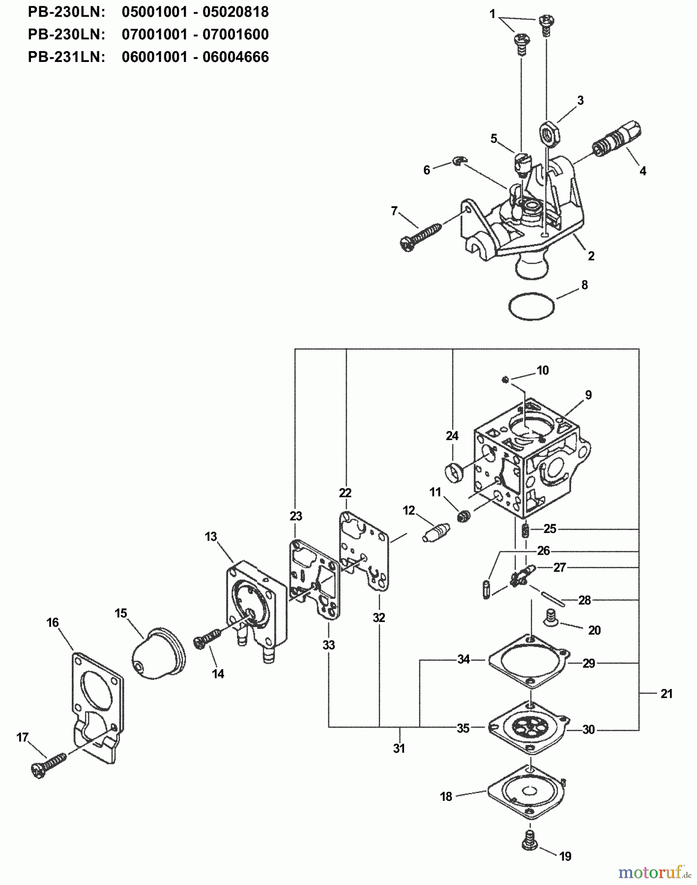  Echo Bläser / Sauger / Häcksler / Mulchgeräte	 PB-230LN - Echo Hand Held Blower, S/N: 07001001 - 07999999 Carburetor -- RB-K65  S/N: 07001001 - 07001600