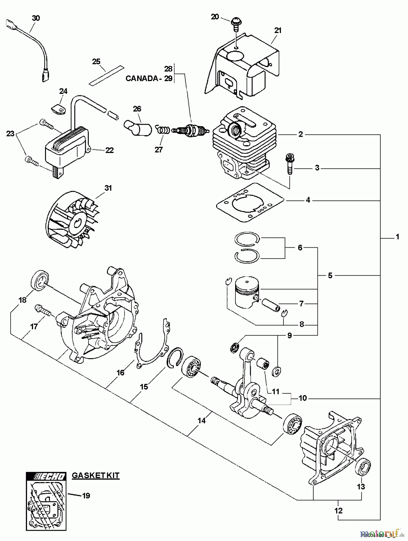 Echo Bläser / Sauger / Häcksler / Mulchgeräte PB-230LN - Echo Hand Held Blower, S/N: 05001001 - 05999999 Engine, Short Block, Ignition, Cylinder Cover