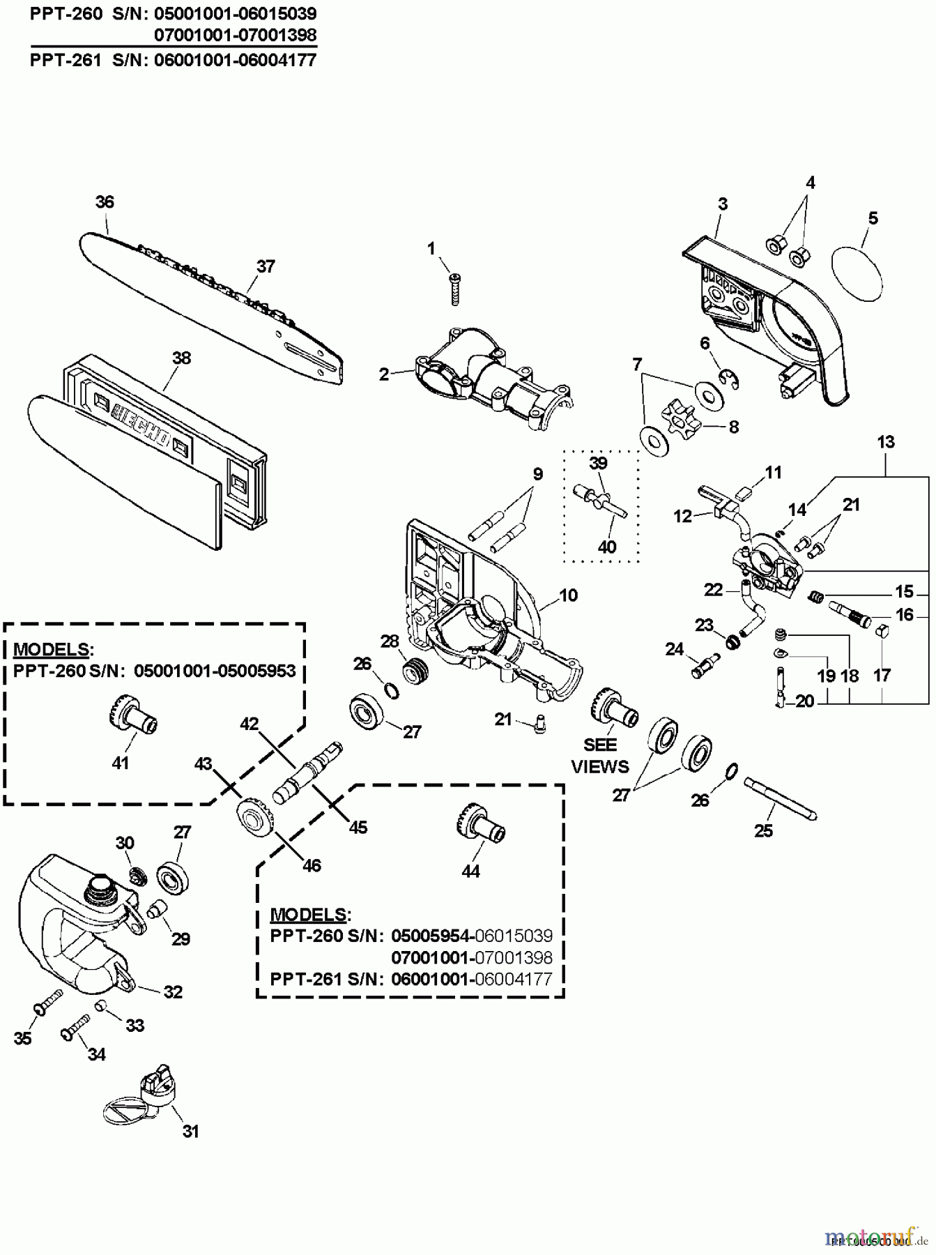 Echo Hochentaster PPT-260 - Echo Pole Saw / Pruner, S/N: 06001001-06999999 Gear Case, Auto-Oiler, Guide Bar, Chain S/N: 06001001 - 06015039