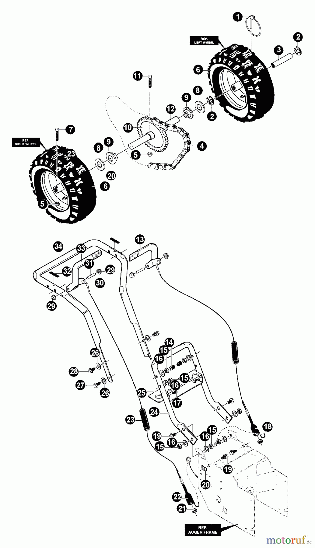 Echo Schneefräsen ST-5024 - Echo Snow Thrower (Type 1E) Wheels, Axle, Sprocket, Handles, Clutch Cables