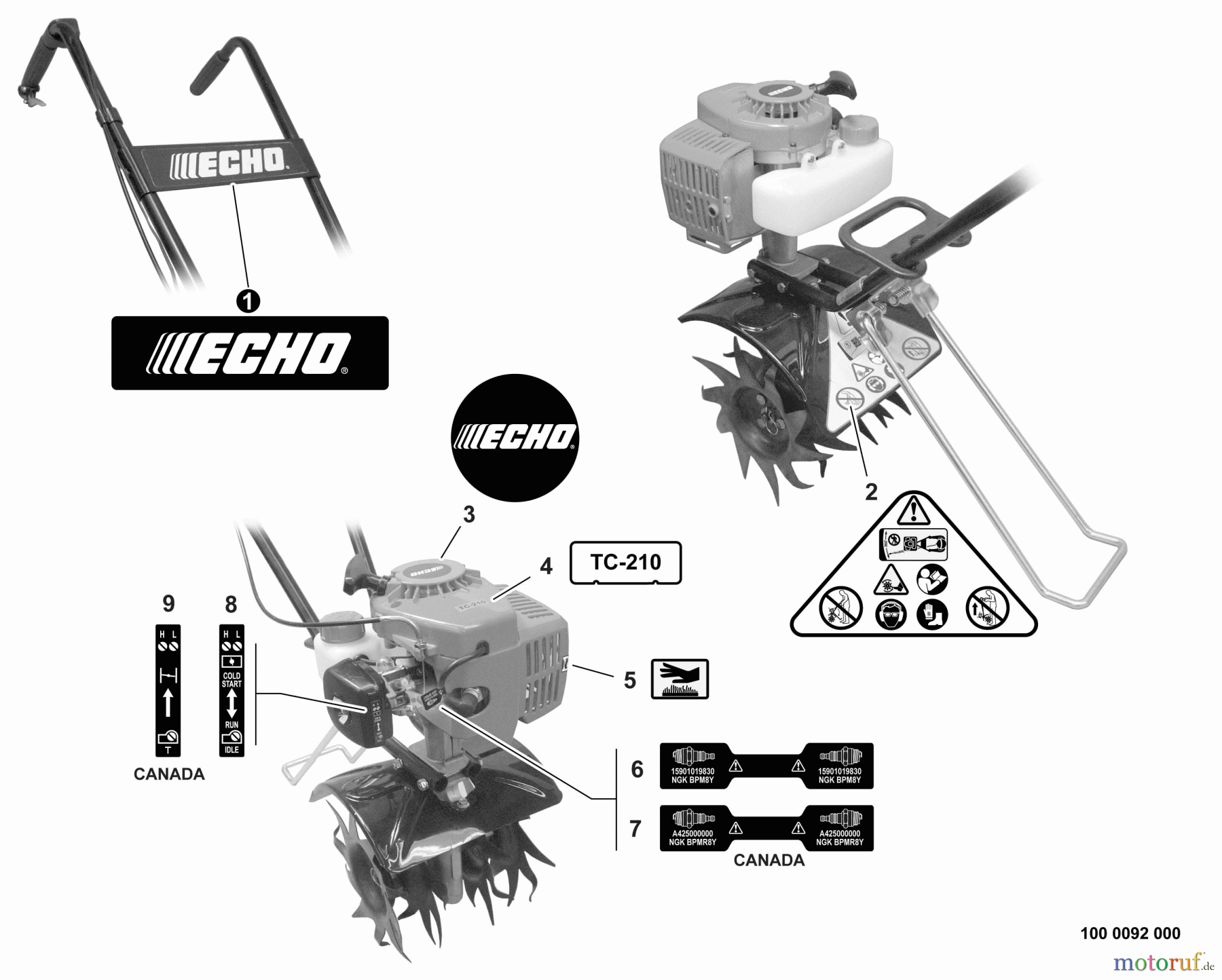 Echo Motorhacken / Kultivierer TC-210 - Echo Tiller/Cultivator, S/N: E13912001001 - E13912999999 Labels