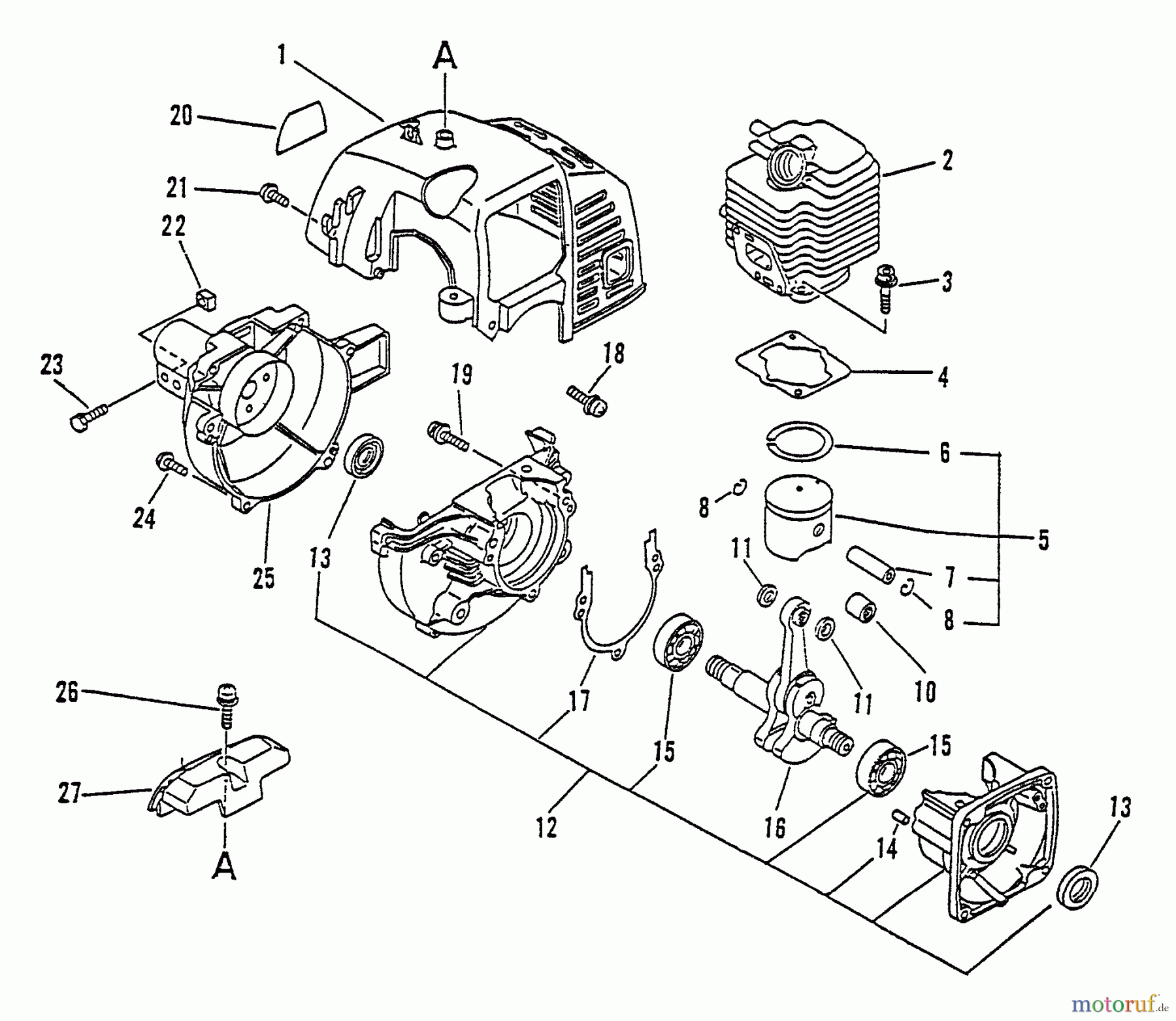 Echo Trimmer, Faden / Bürste GT-1100 - Echo String Trimmer, S/N:181001 - 252599 Engine, Crankcase, Fan Housing, Cover