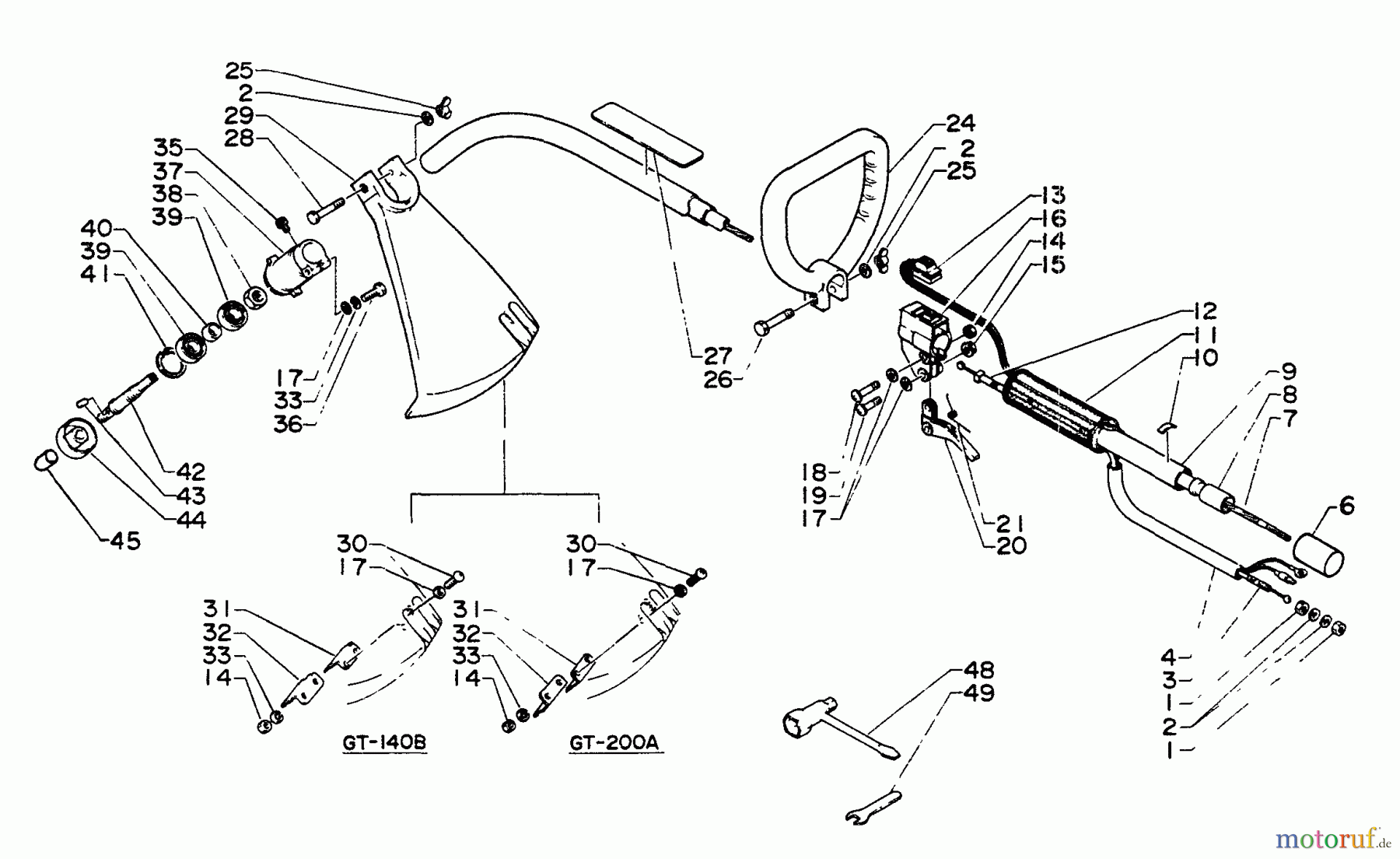 Echo Trimmer, Faden / Bürste GT-140B - Echo String Trimmer Driveshaft, Handles, Throttle, Stop Switch, Shield, Gear Case, Tools