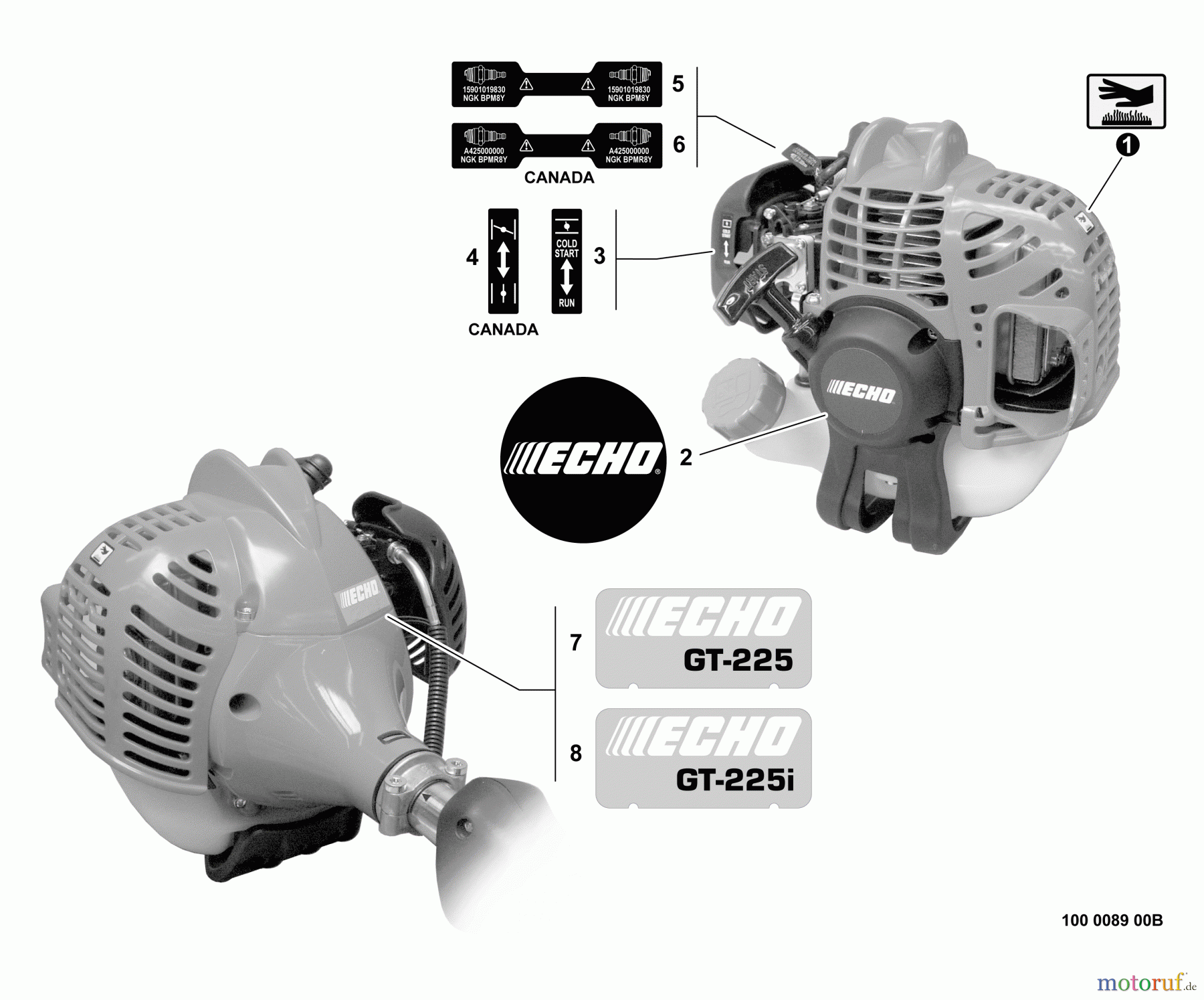 Echo Trimmer, Faden / Bürste GT-225i - Echo String Trimmer, S/N:S54813001001 - S54813999999 Labels