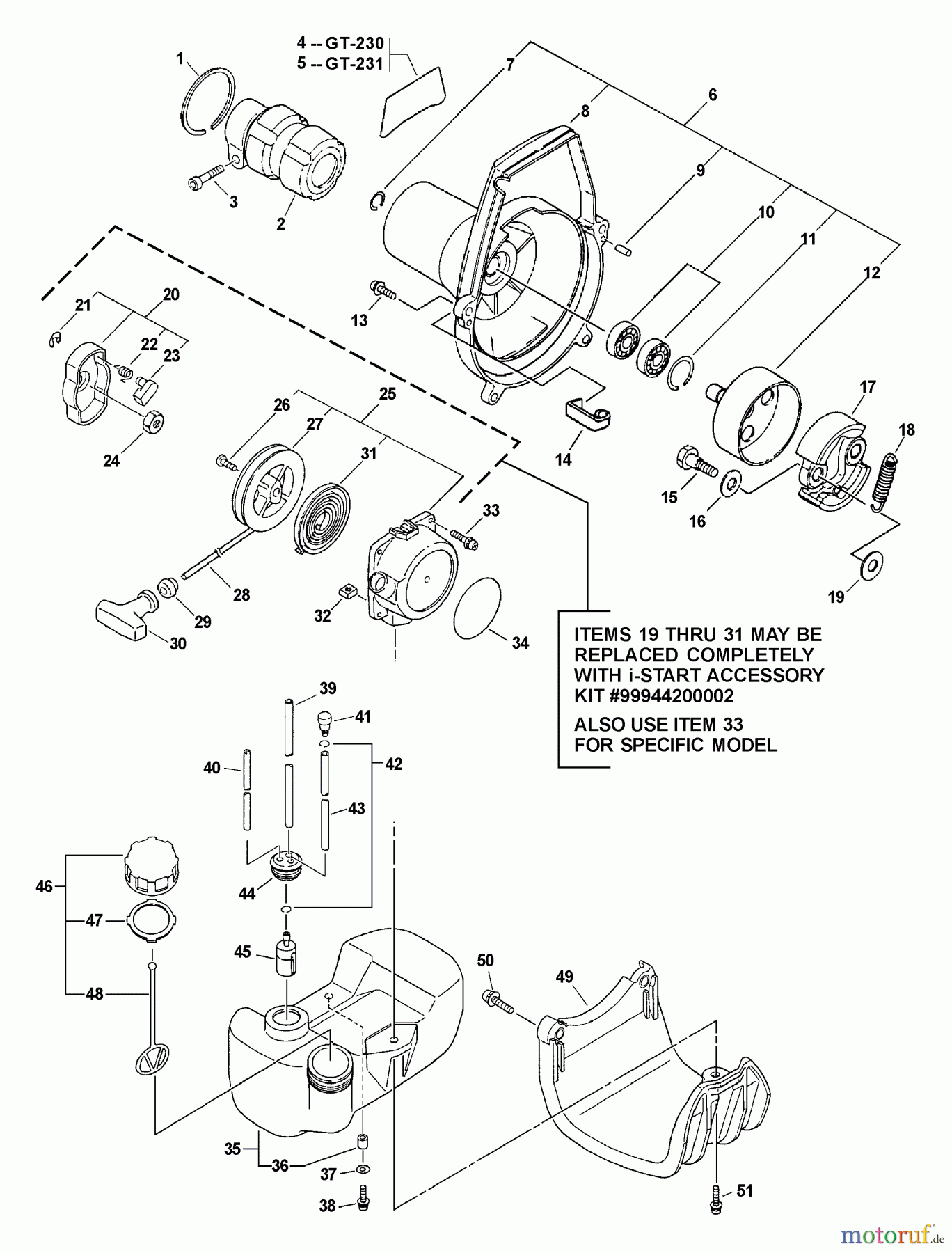 Echo Trimmer, Faden / Bürste GT-231 - Echo String Trimmer, S/N:02001001 - 02999999 Fan Case, Clutch, Starter, Fuel System