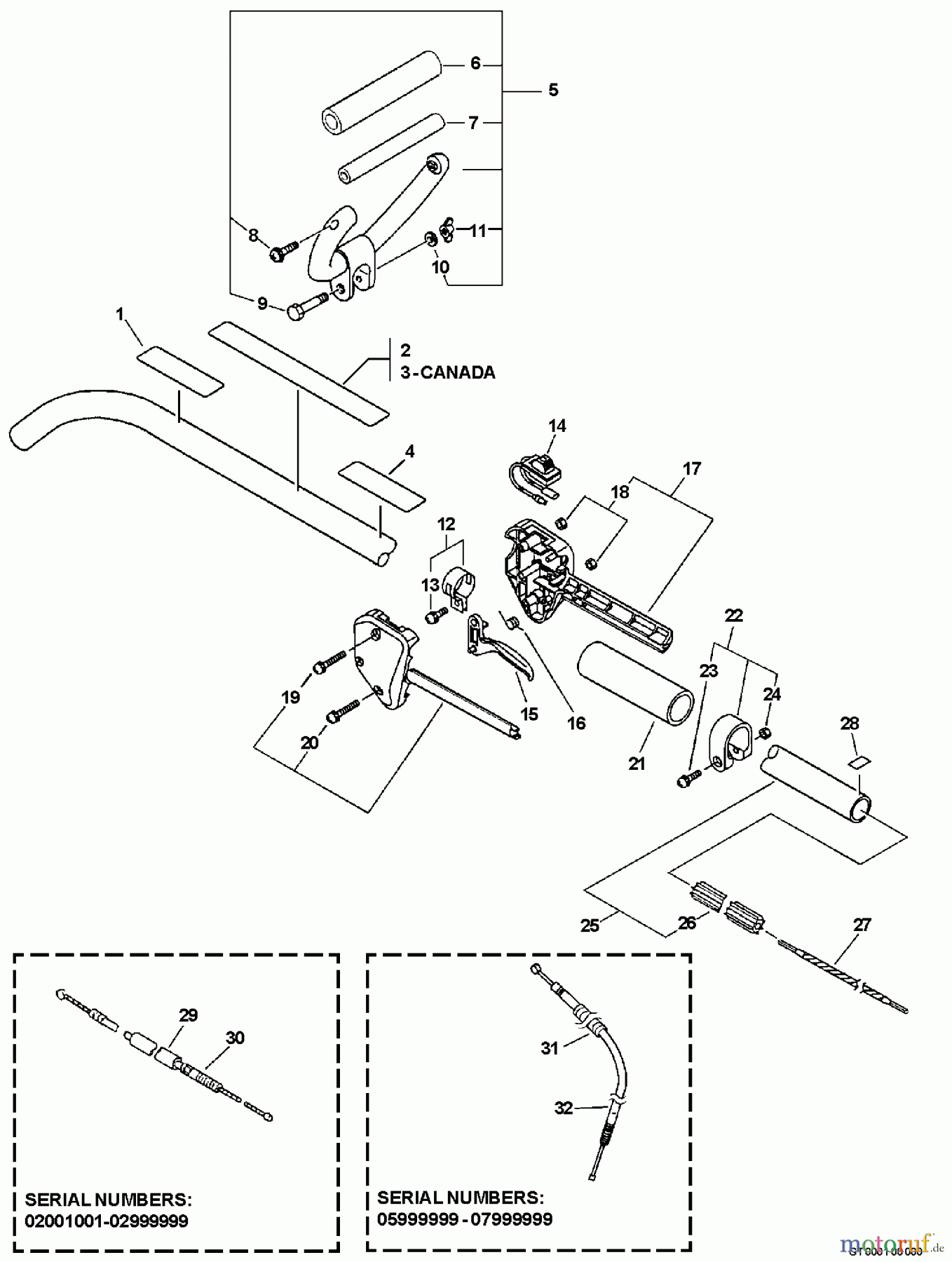 Echo Trimmer, Faden / Bürste GT-230 - Echo String Trimmer, S/N:07001001 - 07999999 Handle, Ignition Switch, Throttle Cable, Driveshaft