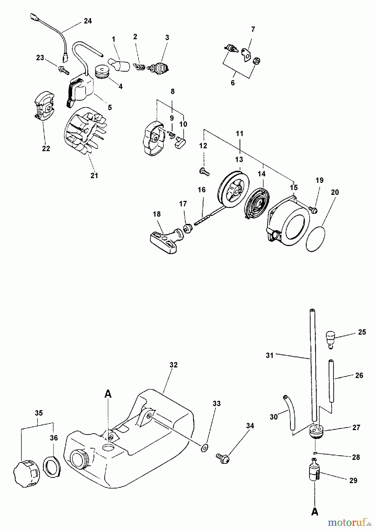 Echo Trimmer, Faden / Bürste PAS-2000 - Echo Power Unit, S/N: 001001 & Up (Type 1E) Ignition, Starter, Clutch, Stop Switch, Fuel System