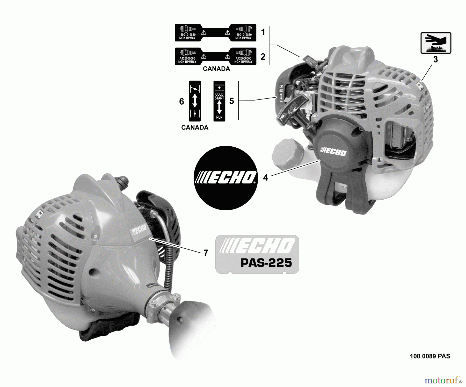 Echo Trimmer, Faden / Bürste PAS-225 - Echo Power Unit, Labels
