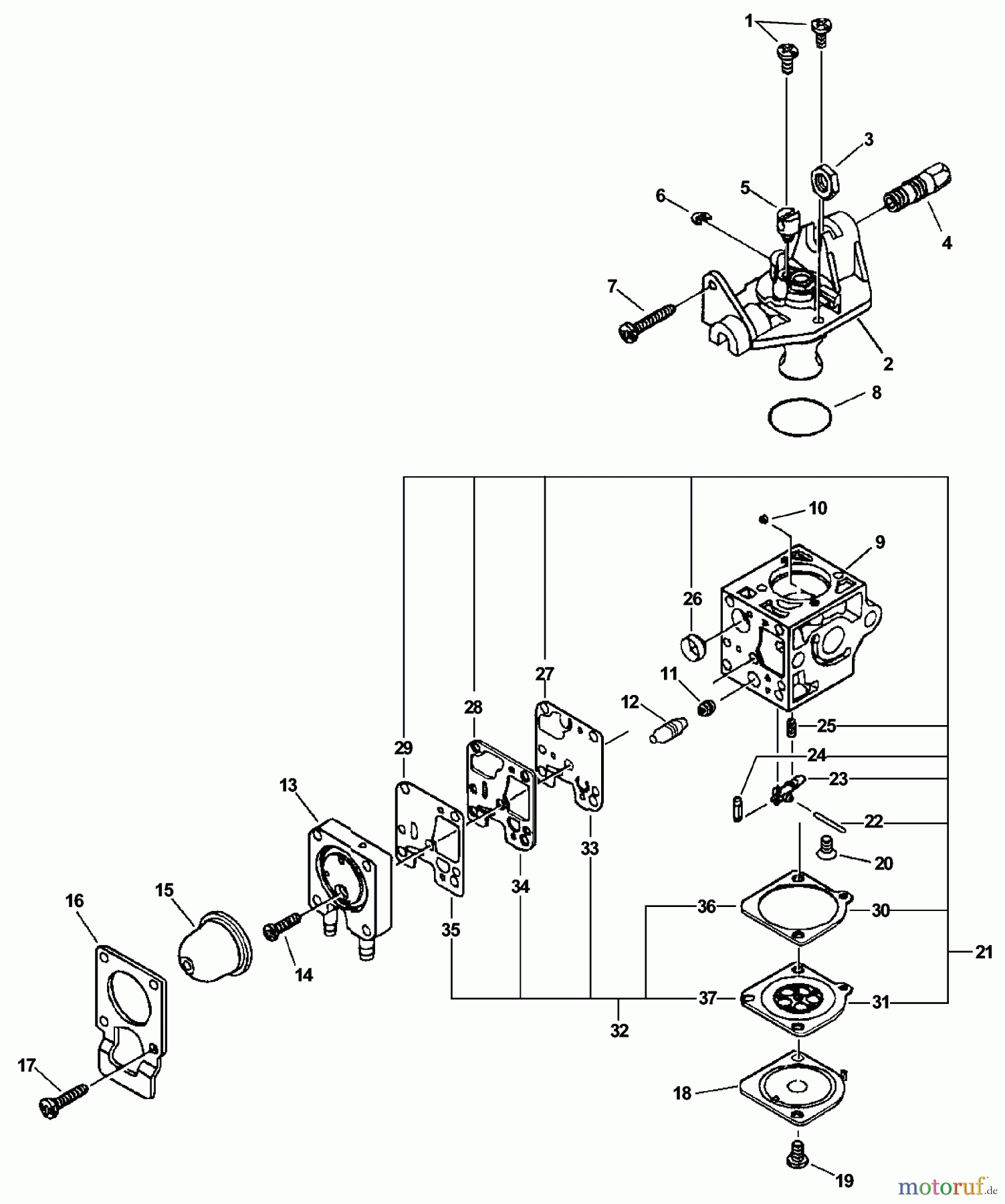 Echo Trimmer, Faden / Bürste PAS-231 - Echo Power Unit, S/N: 02001001 - 02999999 Carburetor -- RB-K63