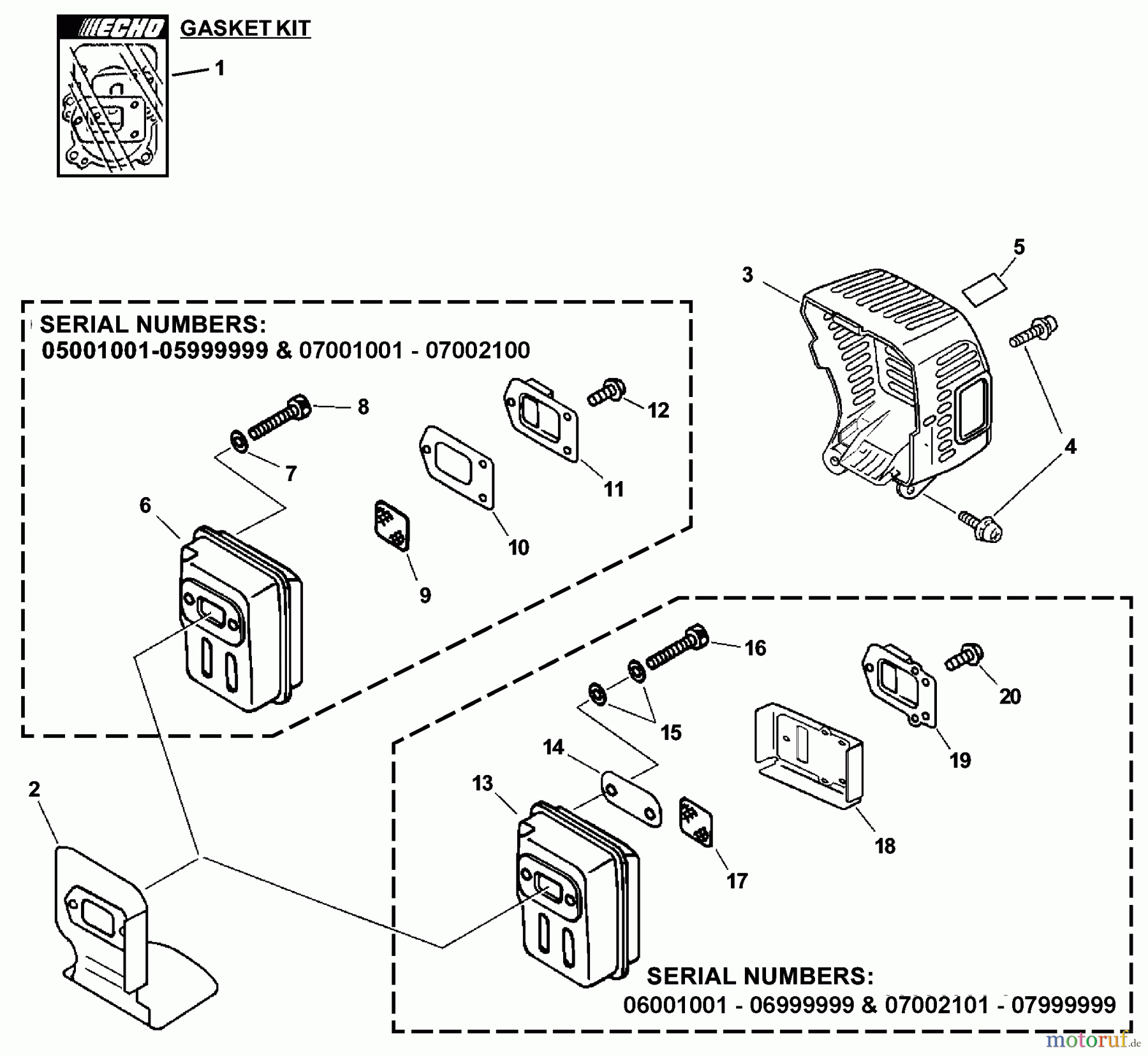 Echo Trimmer, Faden / Bürste PAS-231 - Echo Power Unit, S/N: 06001001 - 06999999 Exhaust