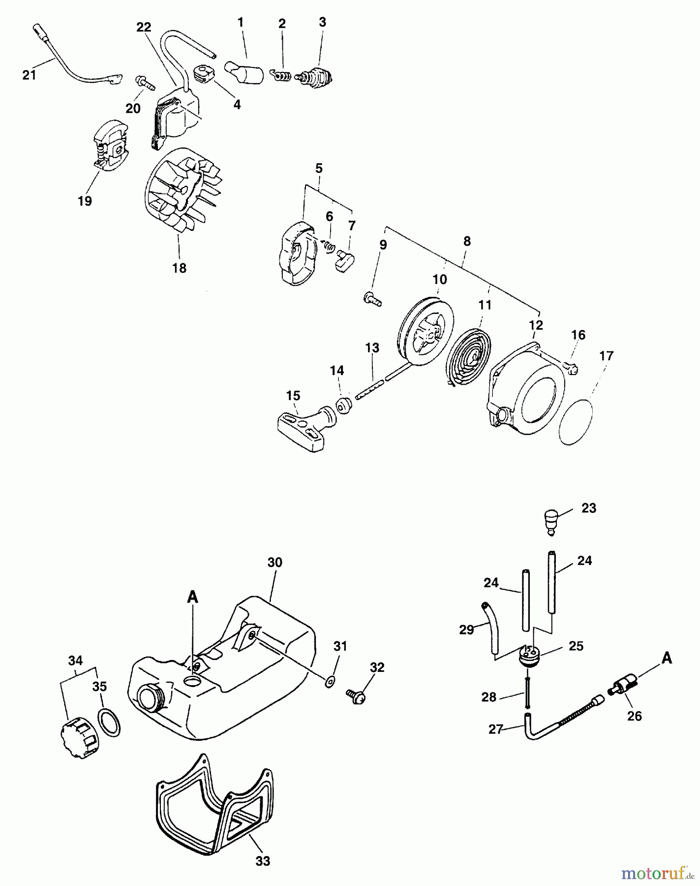 Echo Trimmer, Faden / Bürste PAS-2400 - Echo Power Unit (Type 1E) Clutch, Fuel System, Ignition, Starter