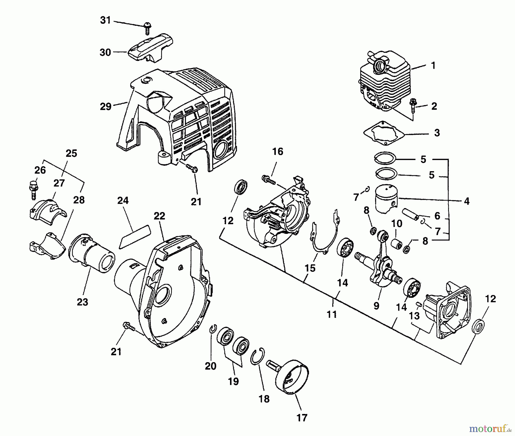 Echo Trimmer, Faden / Bürste PAS-2400 - Echo Power Unit (Type 1E) Engine, Fan Housing, Cover