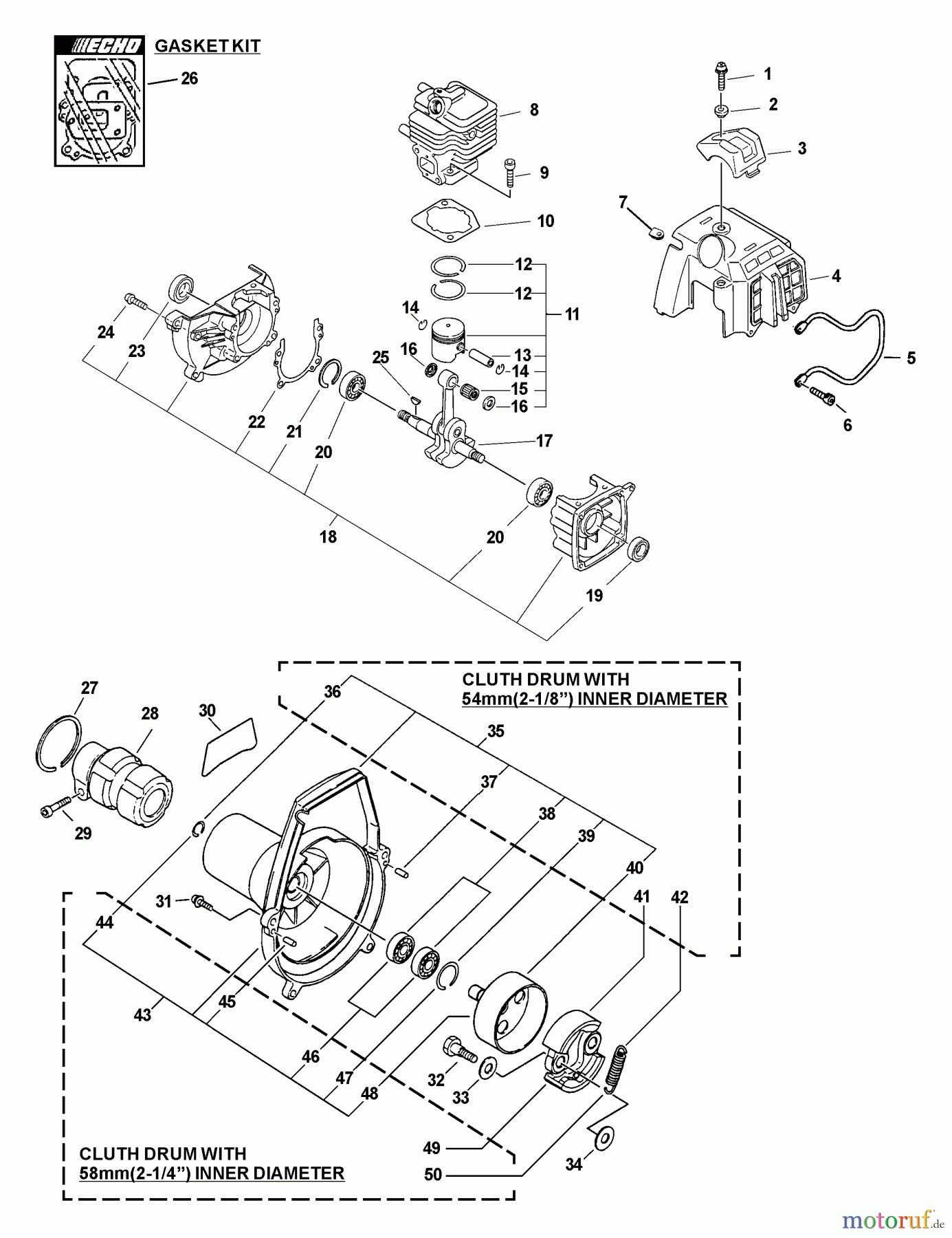 Echo Trimmer, Faden / Bürste PAS-2601 - Echo Power Unit (Type 1E) Crankcase, Engine, Engine Cover, Fan Case