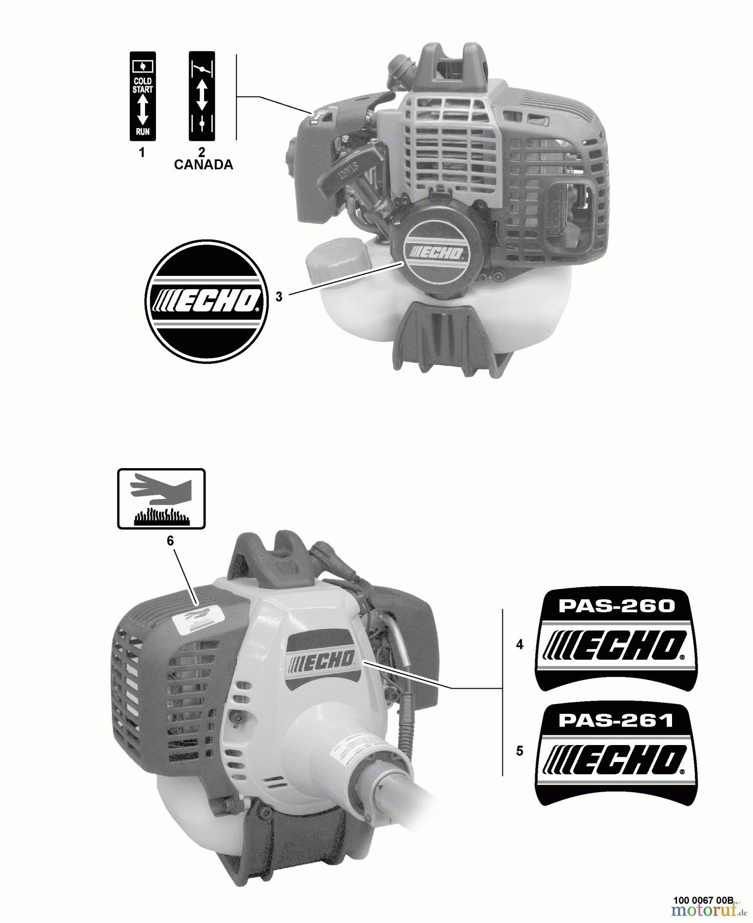 Echo Trimmer, Faden / Bürste PAS-260 - Echo Power Unit, S/N: 04001001 - 04999999 Labels