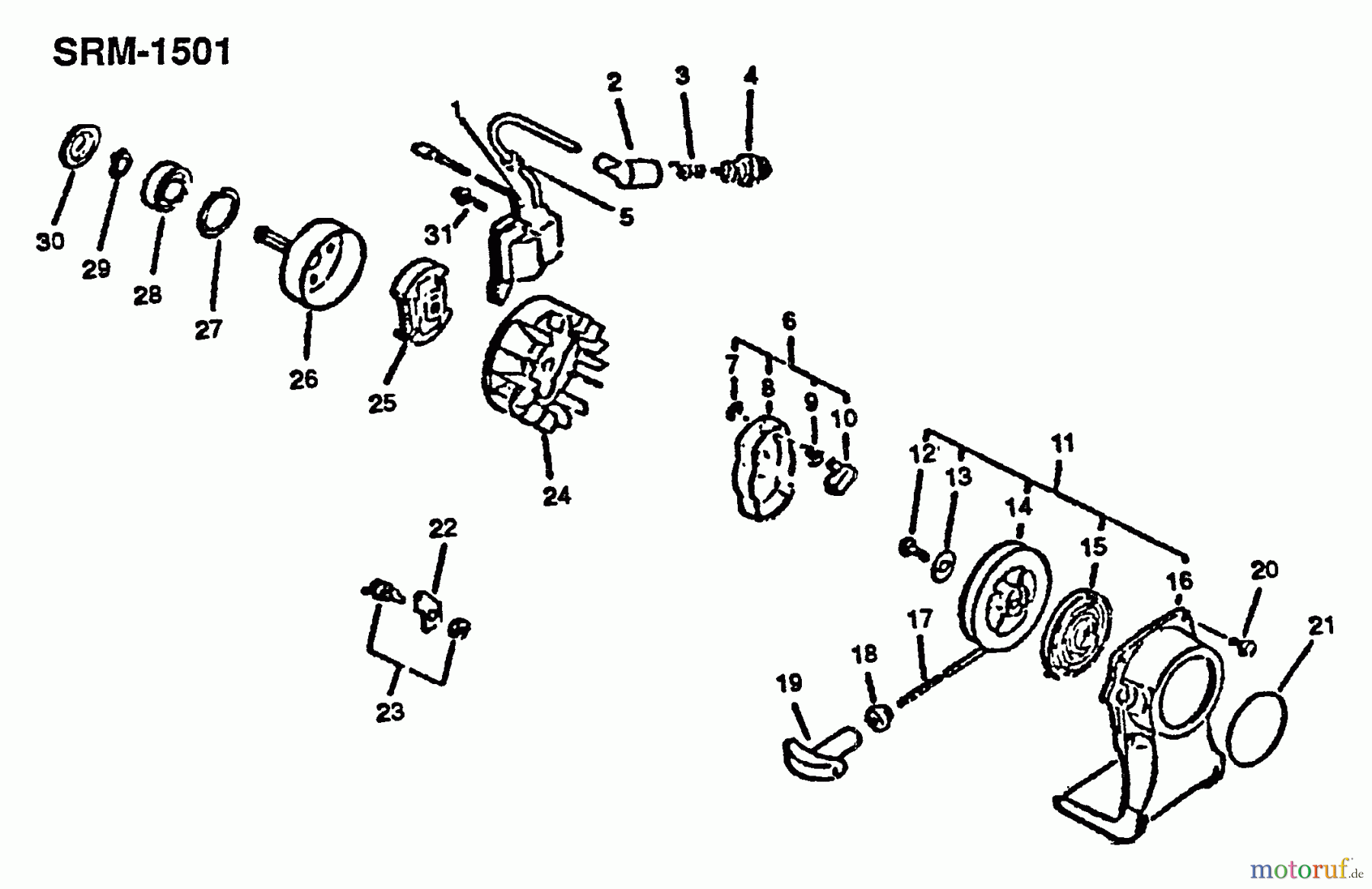 Echo Trimmer, Faden / Bürste SRM-1501 - Echo String Trimmer, S/N:0039001 - 0083386 Starter, Ignition, Stop Switch, Clutch