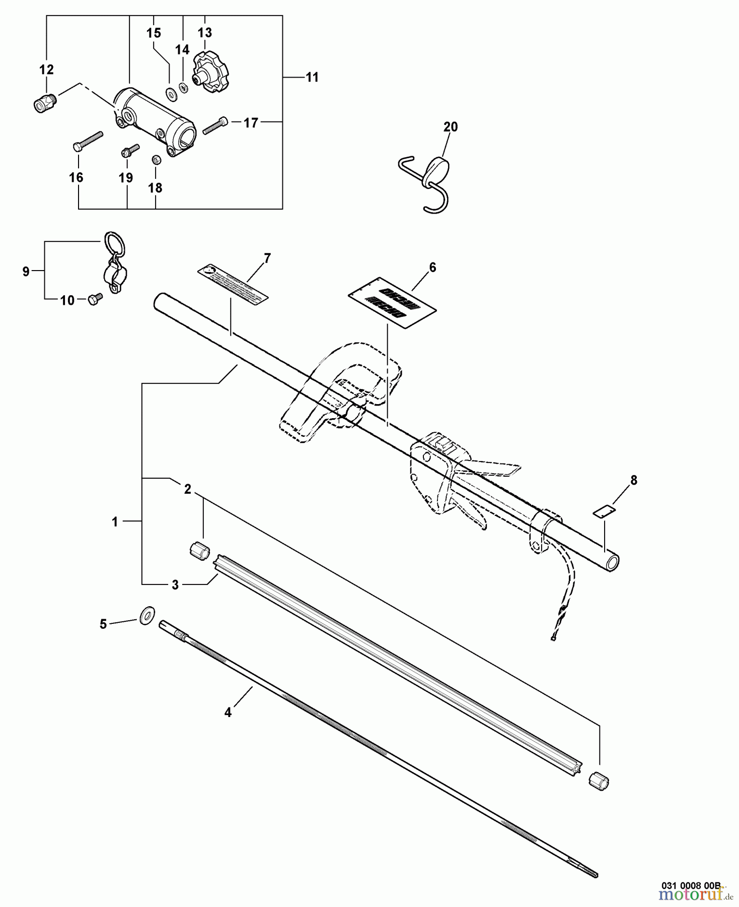 Echo Trimmer, Faden / Bürste PAS-260 - Echo Power Unit, S/N: 04001001 - 04999999 Main Pipe Assembly, Driveshaft, Coupler -- Upper