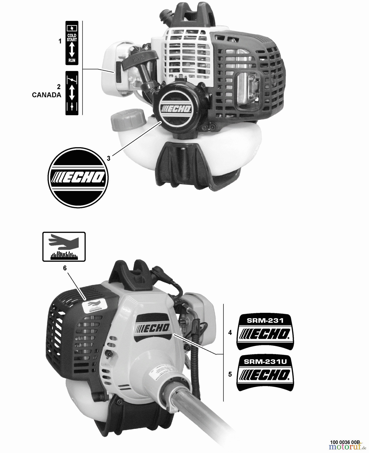 Echo Trimmer, Faden / Bürste SRM-231U - Echo String Trimmer/Brush Cutter, S/N:02001001 - 02999999 Labels