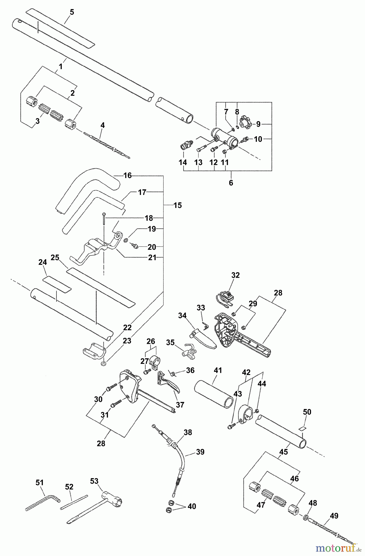 Echo Trimmer, Faden / Bürste SRM-261SB - Echo String Trimmer, S/N: 02001001 - 02999999 Handle, Ignition Switch, Throttle Cable, Driveshaft