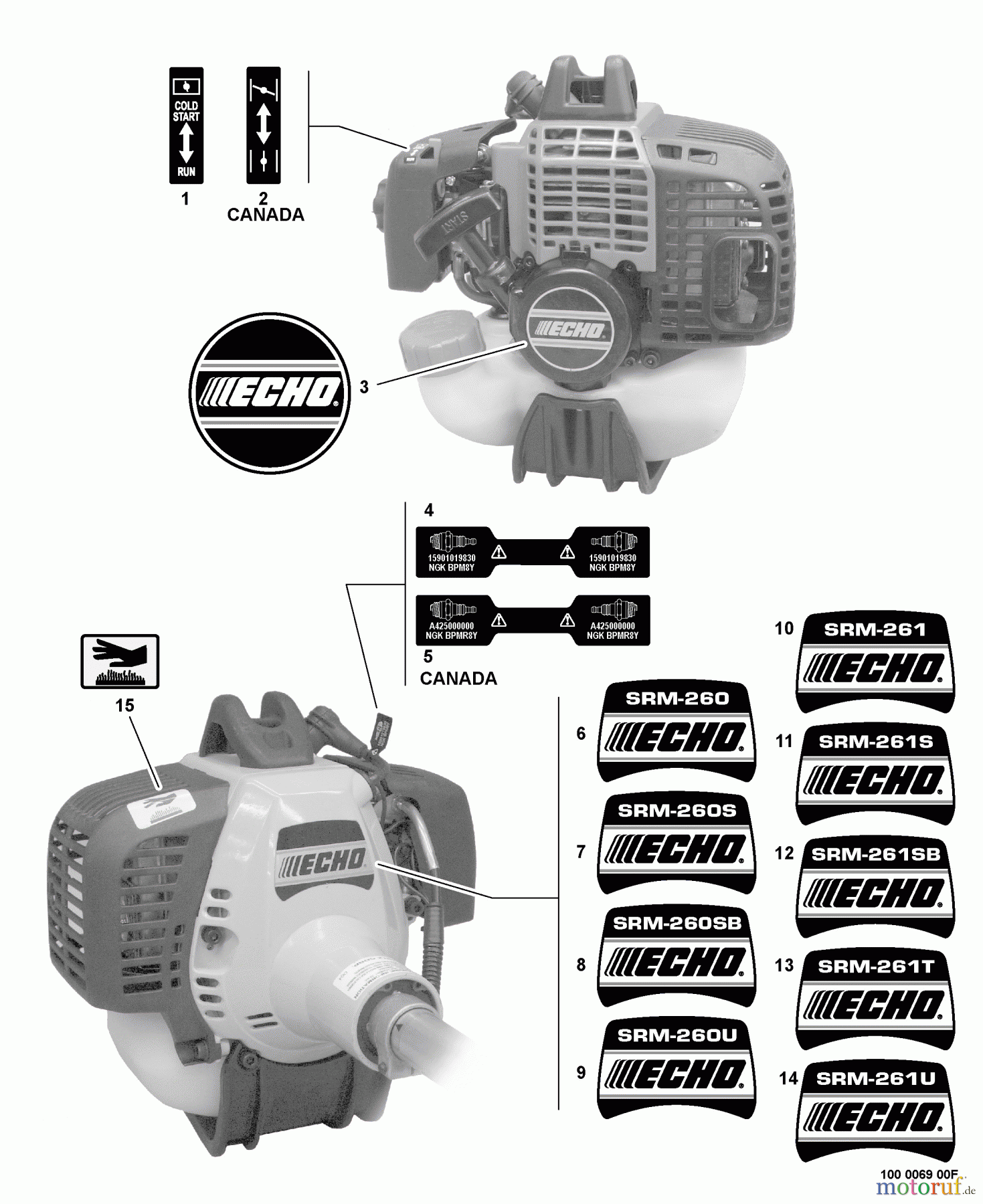 Echo Trimmer, Faden / Bürste SRM-261T - Echo String Trimmer, S/N:S66411001001 - S66411999999 Labels