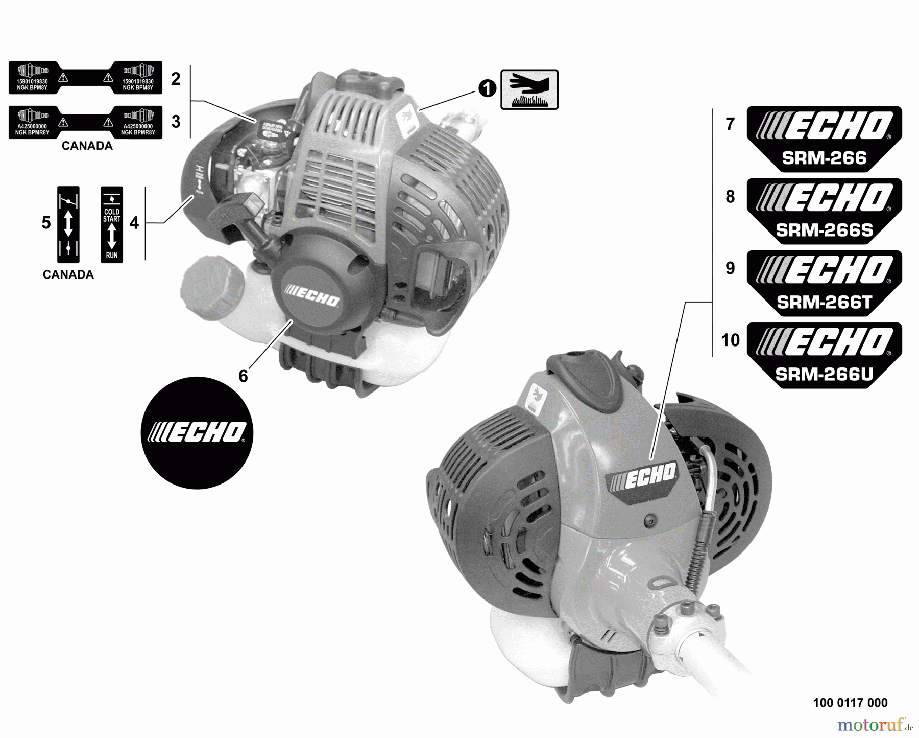 Echo Trimmer, Faden / Bürste SRM-266T - Echo String Trimmer, S/N: T43413001002 - T434131000000 Labels