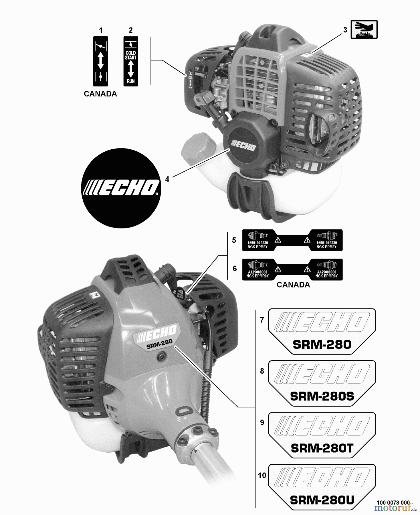 Echo Trimmer, Faden / Bürste SRM-280 - Echo String Trimmer, S/N:S74012001001 - S74012999999 Labels