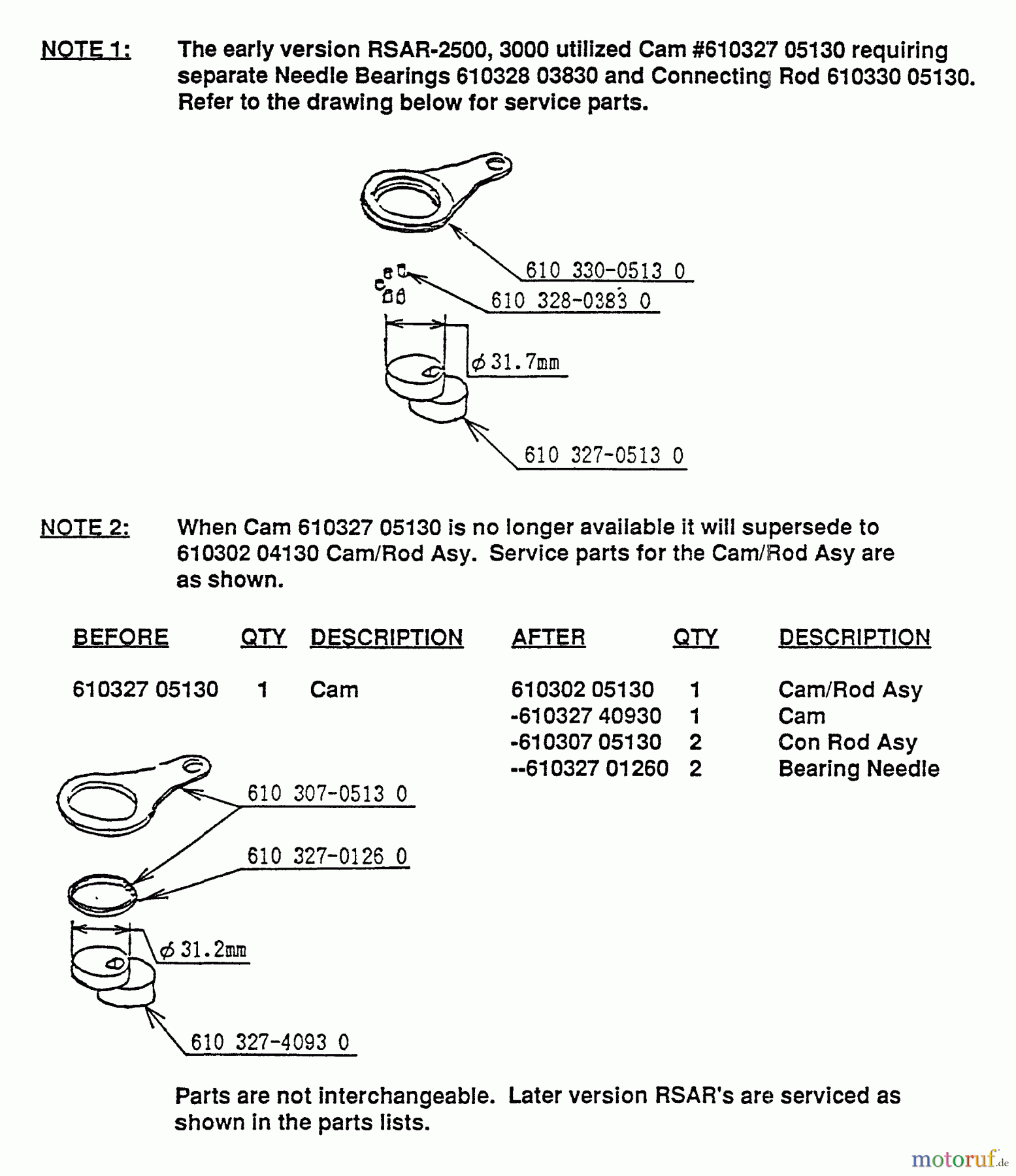 Echo Trimmer, Faden / Bürste SRM-3000 - Echo String Trimmer, S/N:037501 - 043225 Cam, Connecting Rod & Needle Bearing Notes 1 and 2