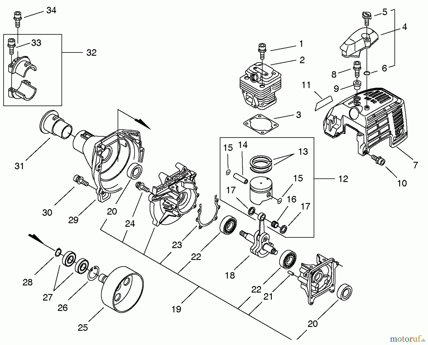Echo Trimmer, Faden / Bürste SRM-3605U - Echo String Trimmer, S/N: 20001001 - 20999999 Cylinder, Piston, Crankcase, Fan Cover, Clutch, Engine Cover