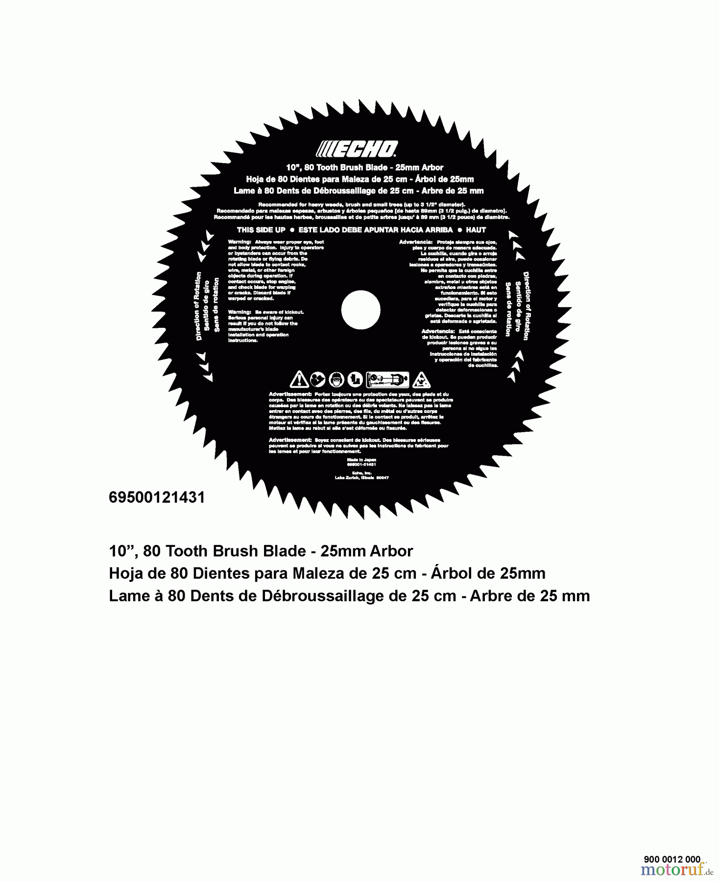 Echo Trimmer, Faden / Bürste SRM-410U - Echo String Trimmer/Brush Cutter, S/N:S05403001001 - S0540399999 80-Tooth Blade - 25 mm Arbor -- 10