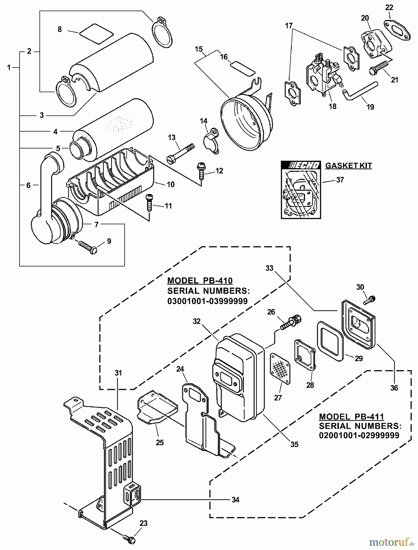  Echo Bläser / Sauger / Häcksler / Mulchgeräte	 PB-411 - Echo Back Pack Blower, S/N: 02001001 - 02999999 Intake, Exhaust
