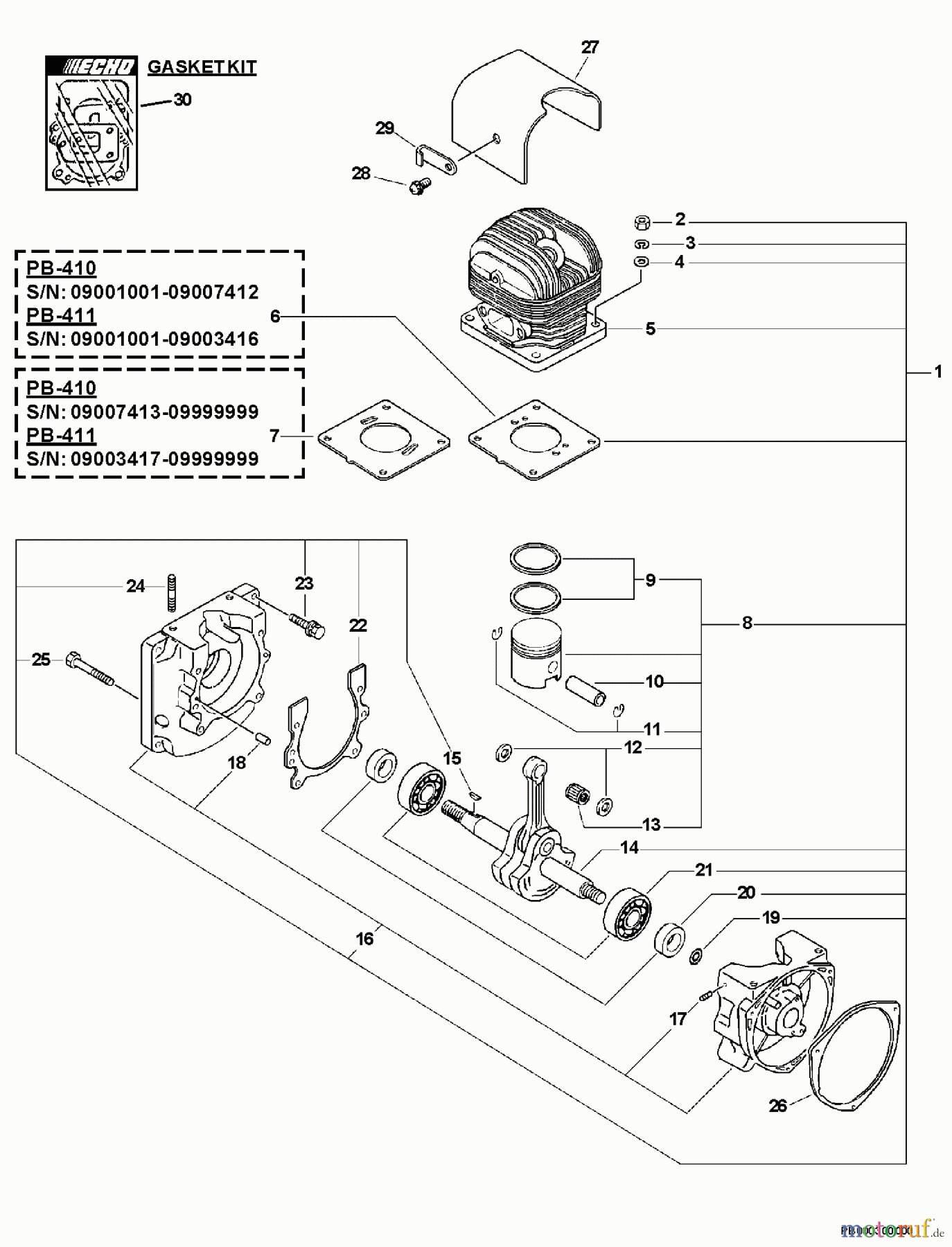 Echo Bläser / Sauger / Häcksler / Mulchgeräte	 PB-410 - Echo Back Pack Blower, S/N: 09001001 - 09999999 Engine, Short Block, Cylinder Cover