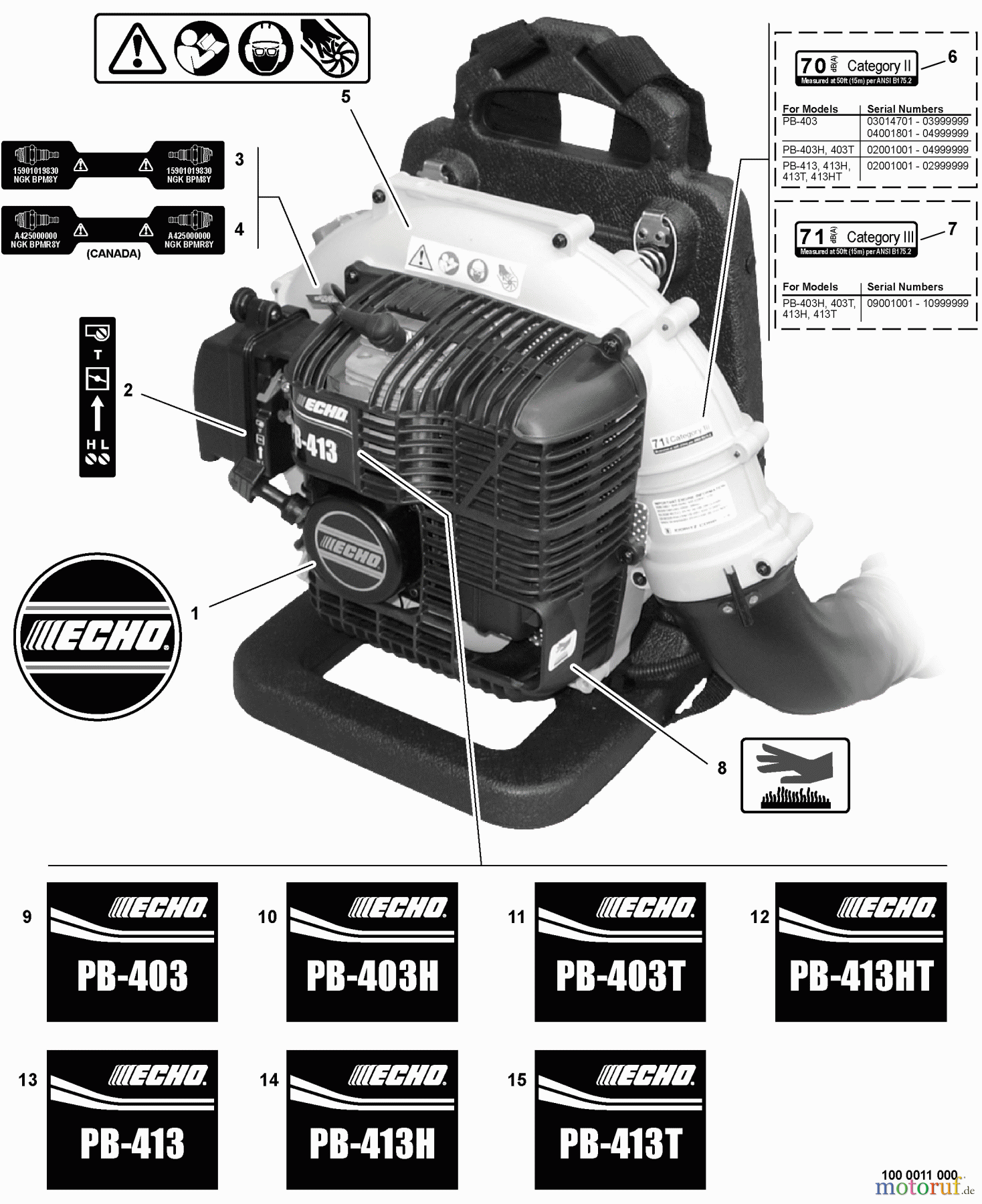 Echo Bläser / Sauger / Häcksler / Mulchgeräte PB-413HT - Echo Back Pack Blower, S/N: 02001001 - 02999999 Labels