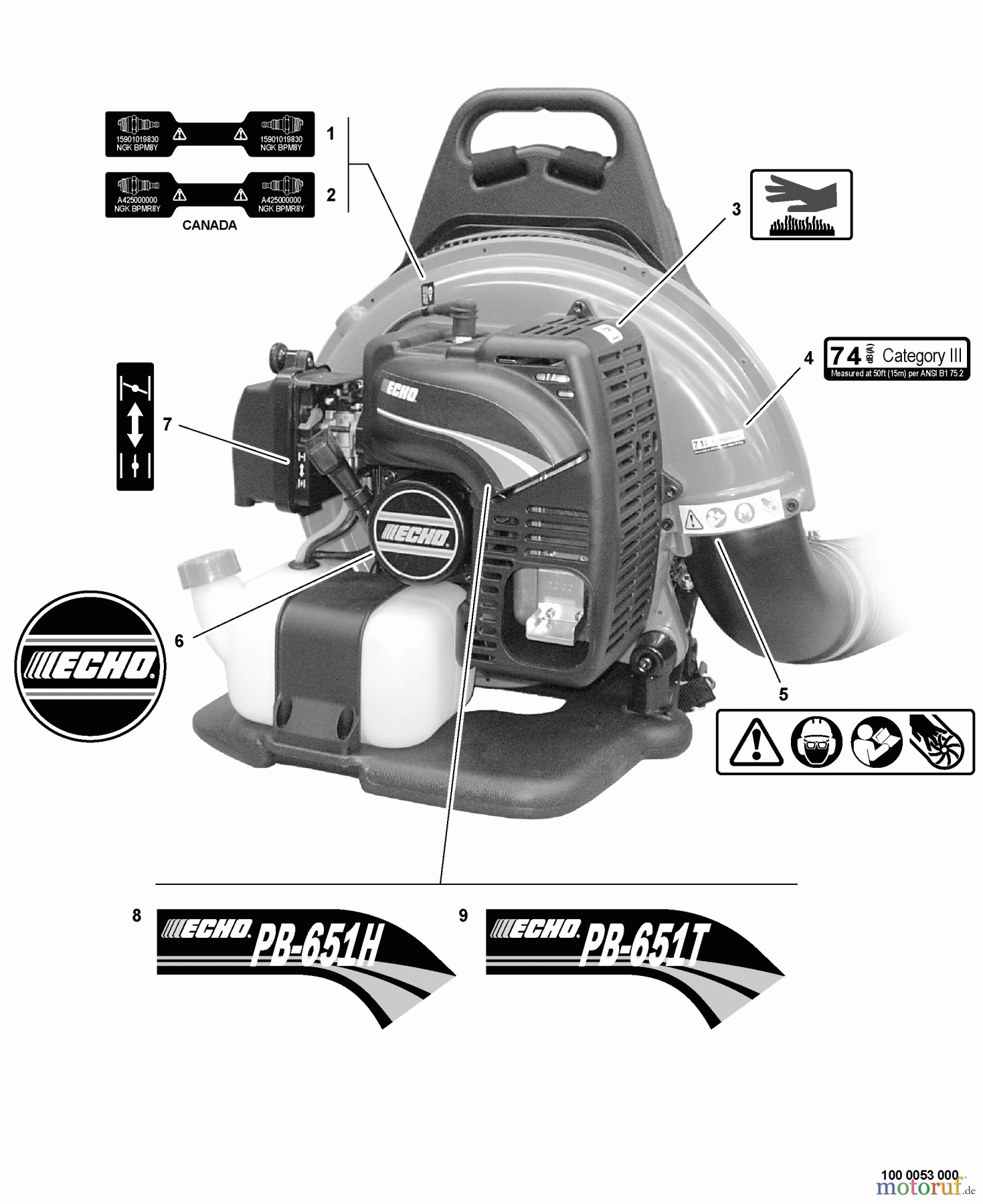  Echo Bläser / Sauger / Häcksler / Mulchgeräte	 PB-651T - Echo Back Pack Blower, S/N: 06001001 - 06999999 Labels