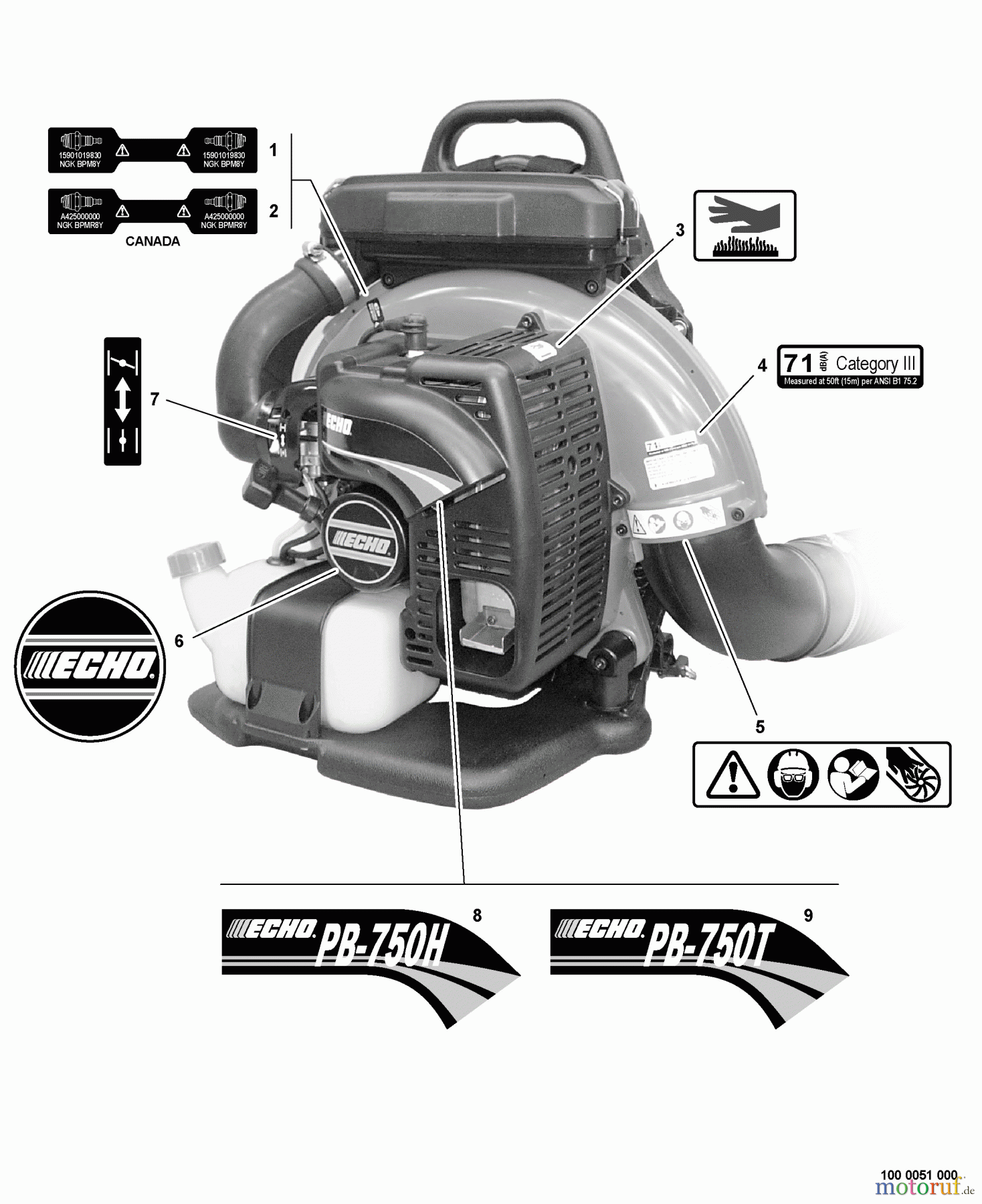 Echo Bläser / Sauger / Häcksler / Mulchgeräte PB-750H - Echo Back Pack Blower, S/N: 07001001 - 07999999 Labels