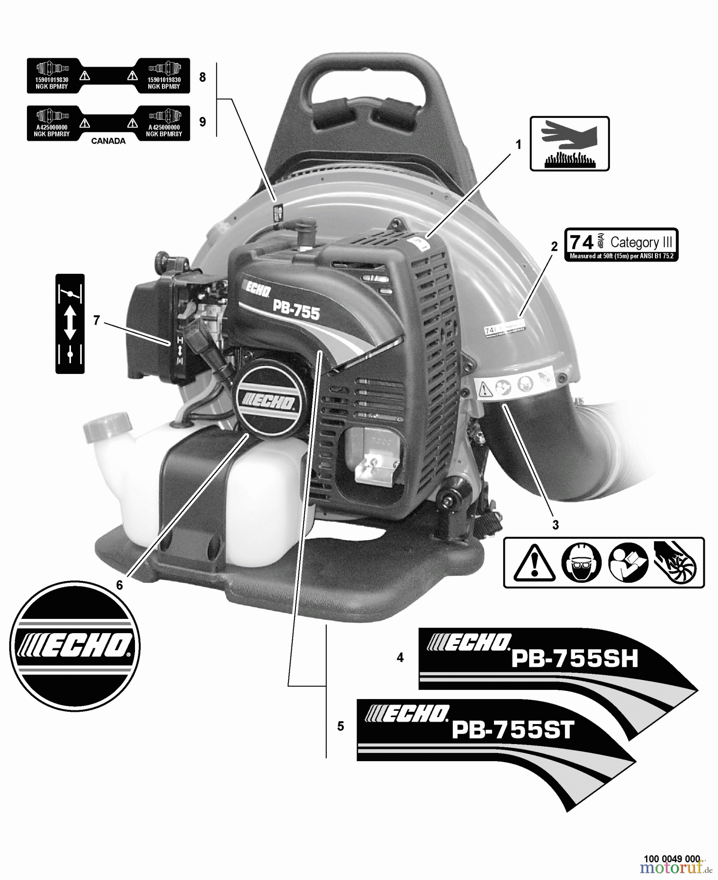 Echo Bläser / Sauger / Häcksler / Mulchgeräte PB-755ST - Echo Back Pack Blower, S/N: P04011001001 - P04011999999 Labels