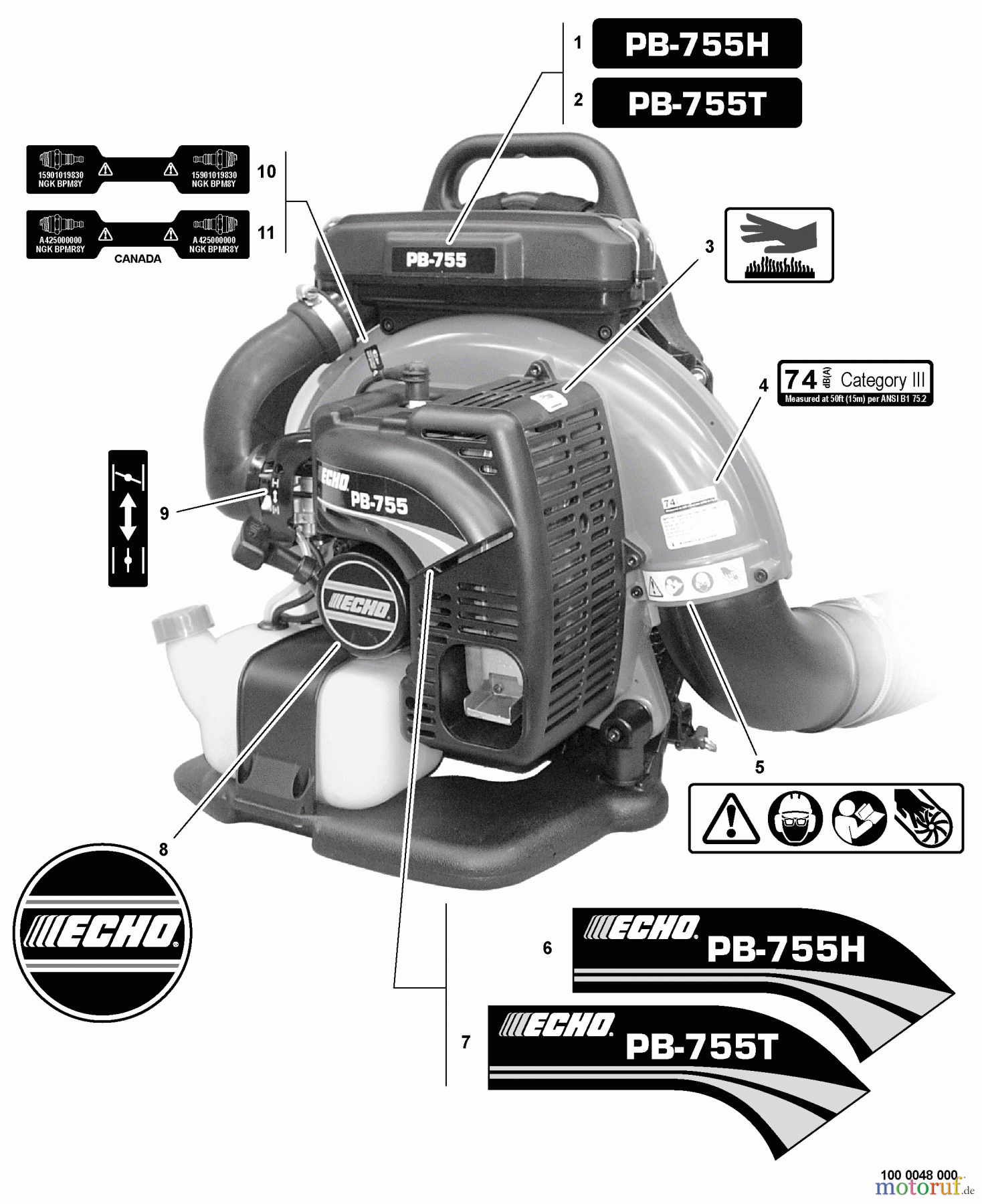 Echo Bläser / Sauger / Häcksler / Mulchgeräte PB-755H - Echo Back Pack Blower, S/N: 07001001 - 07999999 Labels
