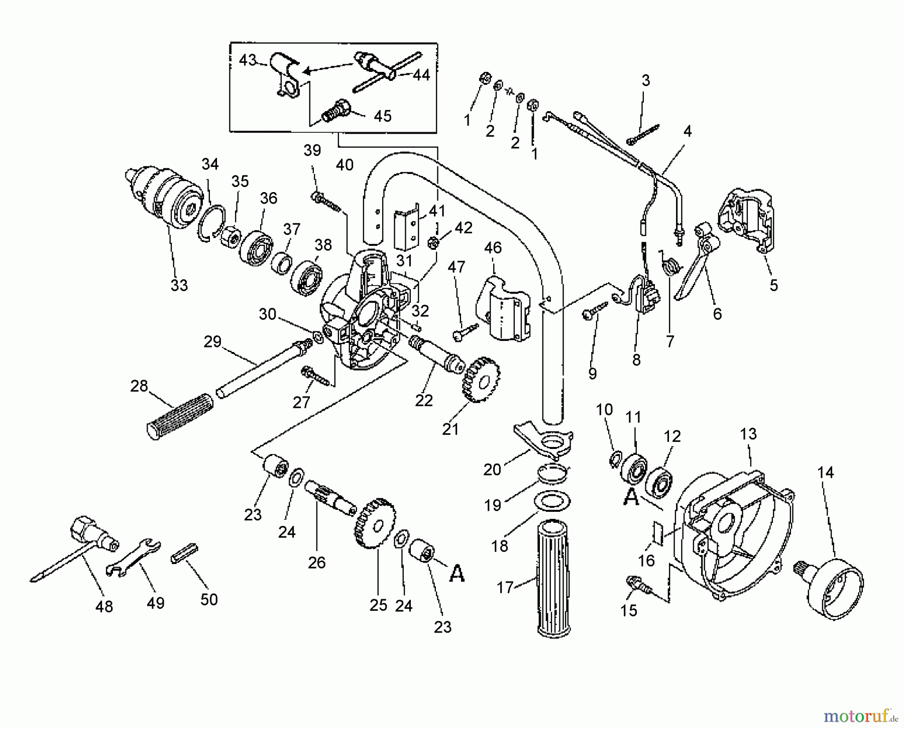 Echo Bohrer / Erdbohrer ED-2000 - Echo Engine Drill (Type 1E) Gear Case, Chuck, Fan Cover, Tools