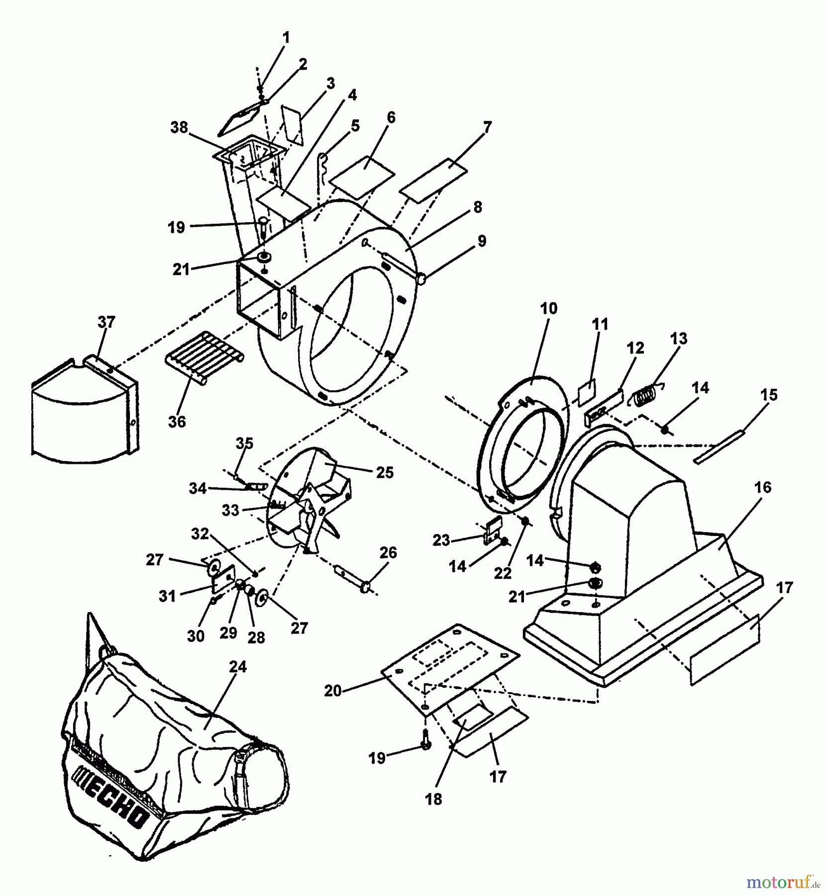 Echo Bläser / Sauger / Häcksler / Mulchgeräte CSV-8S - Echo Chipper/Shredder/Vacuum Rotor Housing, Hopper, Rotor Assy, Debris Bag, Decals