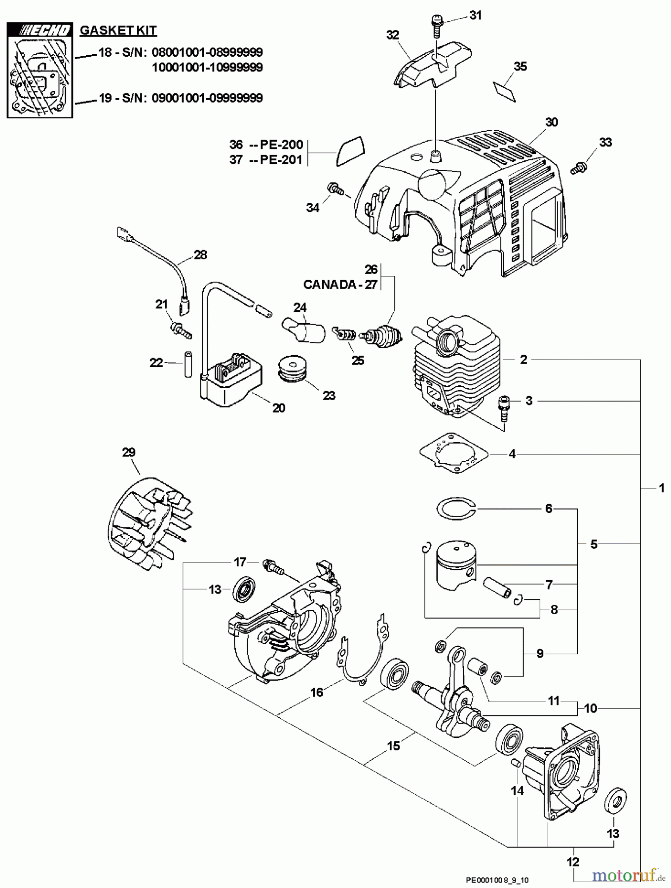 Echo Kantenschneider PE-200 - Echo Edger, S/N: 08001001 - 08999999 Engine, Ignition, Short Block, Cylinder Cover