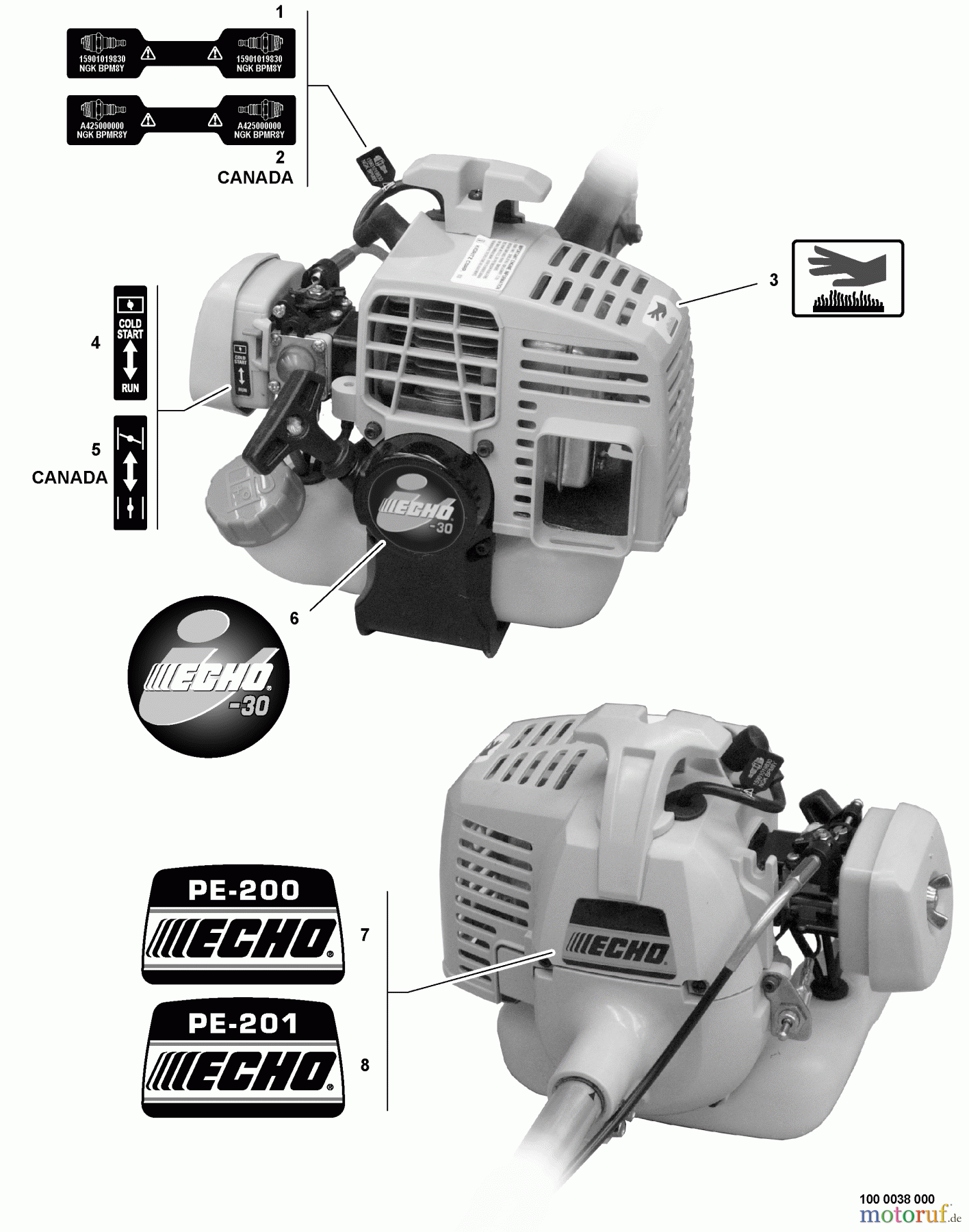 Echo Kantenschneider PE-200 - Echo Edger, S/N: S68211001001 - S68211999999 Labels