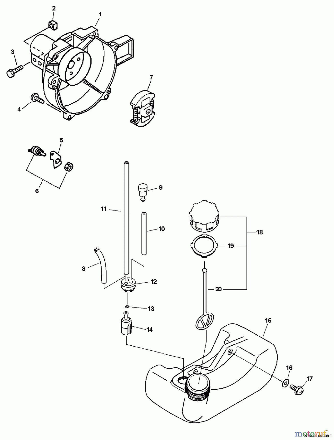 Echo Kantenschneider PE-201 - Echo Edger, S/N: 02001001 - 02999999 Fan Case, Clutch, Fuel System