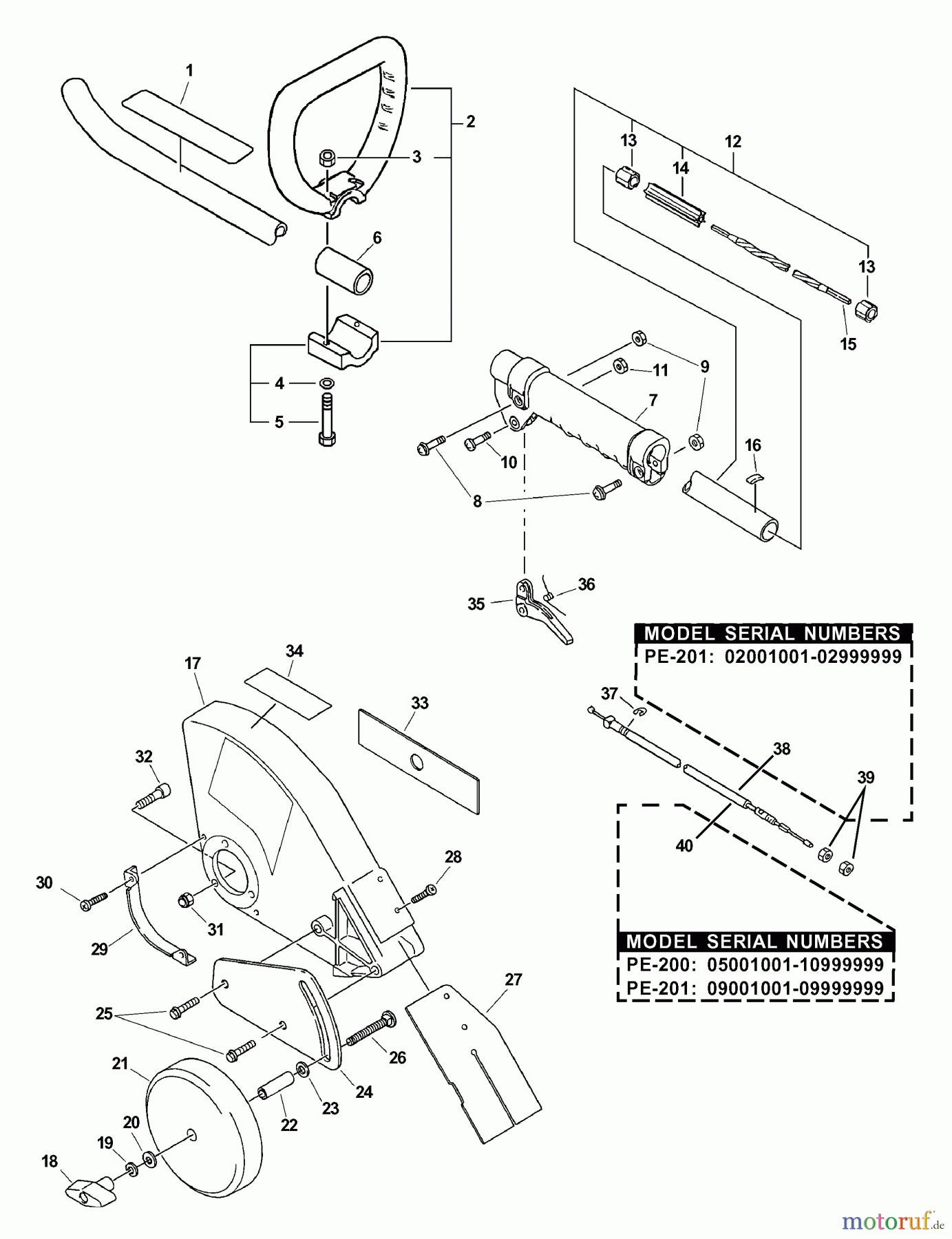 Echo Kantenschneider PE-200 - Echo Edger, S/N: 05001001 - 05999999 Handle, Throttle, Drive Shaft, Blade Shield
