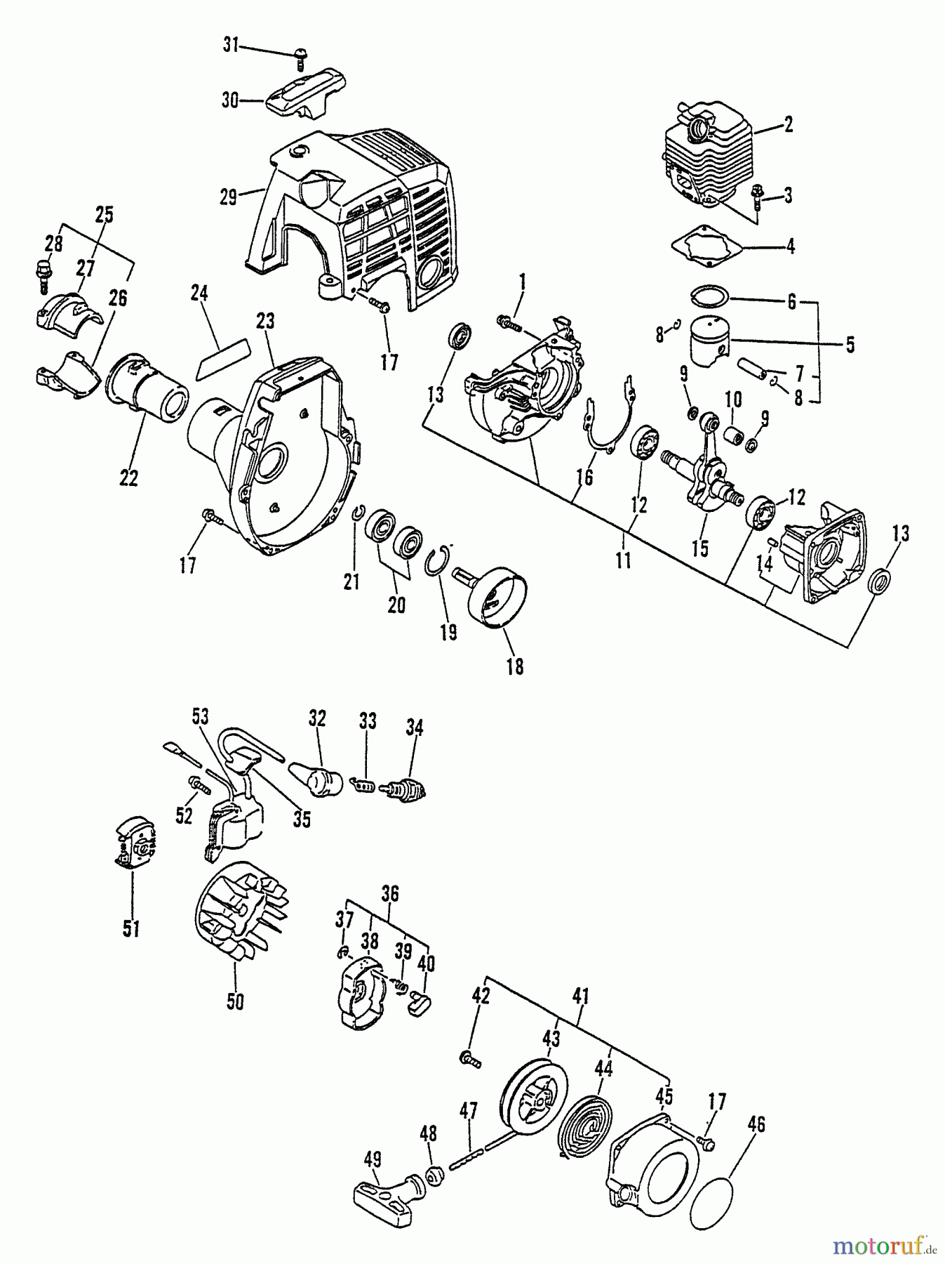 Echo Kantenschneider PE-2400 - Echo Edger, S/N: 008001 - 018099 Engine, Crankcase, Fan Housing, Cover, Starter, Ignition, Clutch