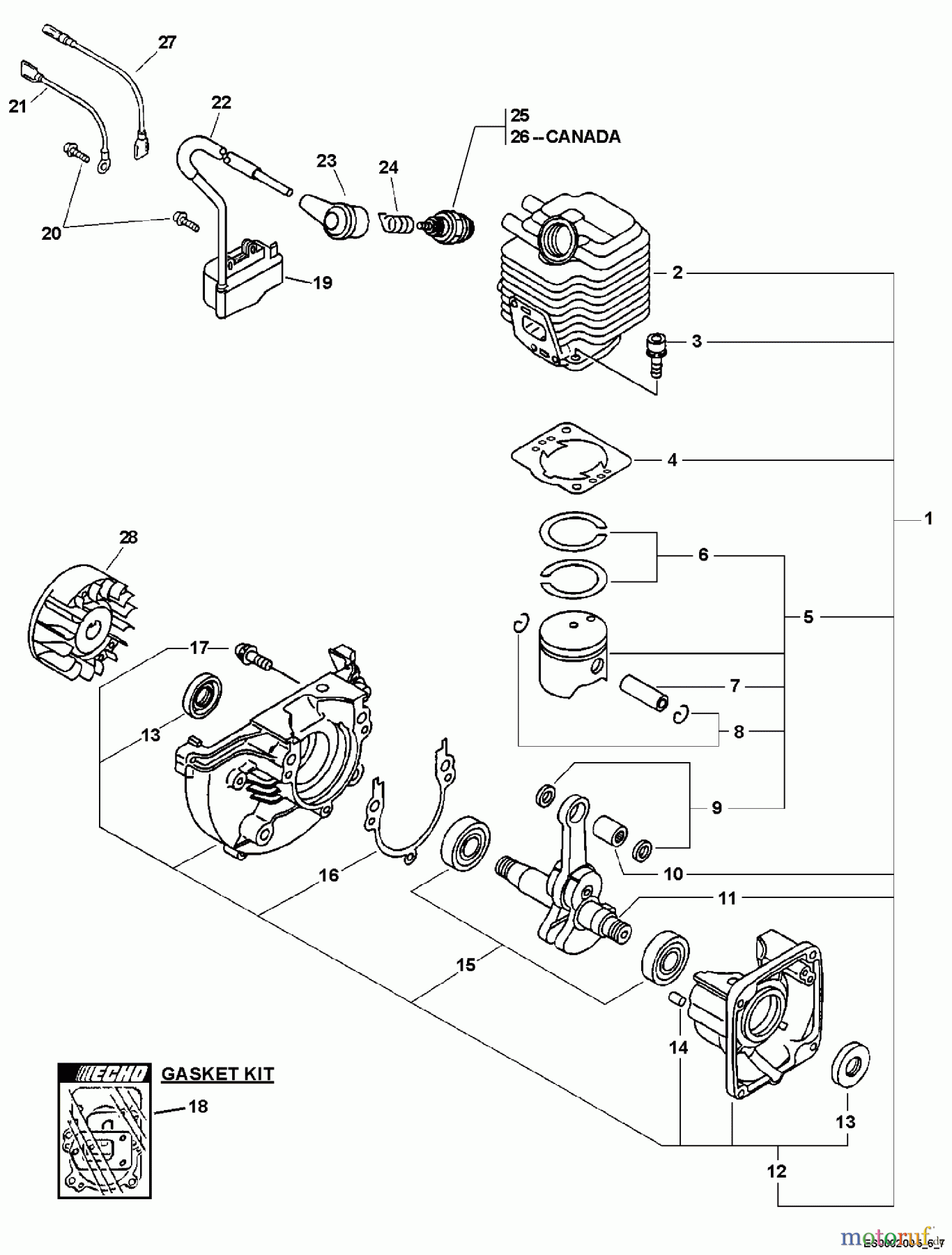  Echo Bläser / Sauger / Häcksler / Mulchgeräte	 ES-210 - Echo Shredder/Vacuum, S/N: 05001001 - 05999999 Engine, Short Block, Ignition