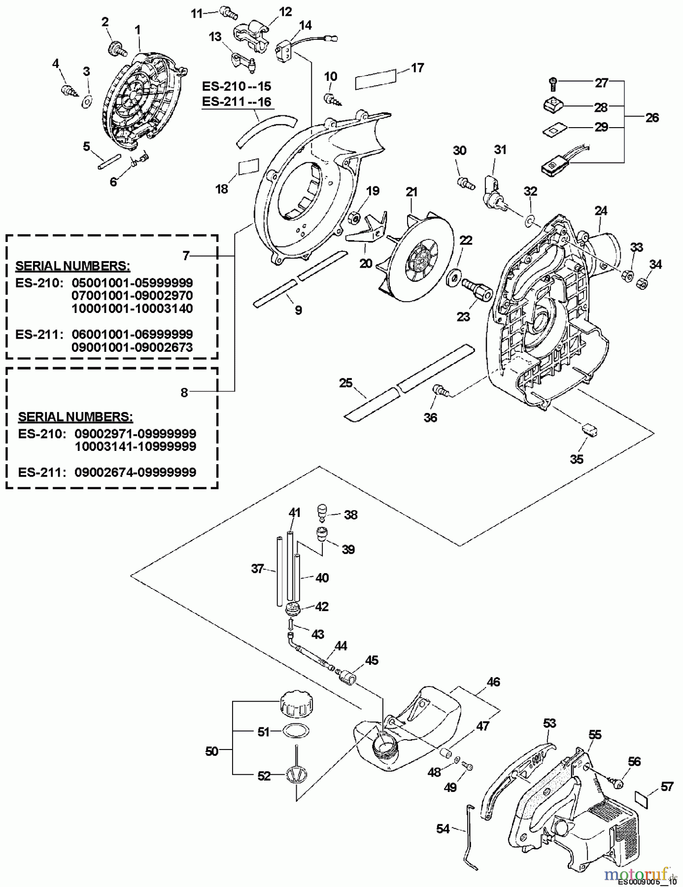 Echo Bläser / Sauger / Häcksler / Mulchgeräte ES-210 - Echo Shredder/Vacuum, S/N: 05001001 - 05999999 Fan Case, Engine Cover, Fuel System