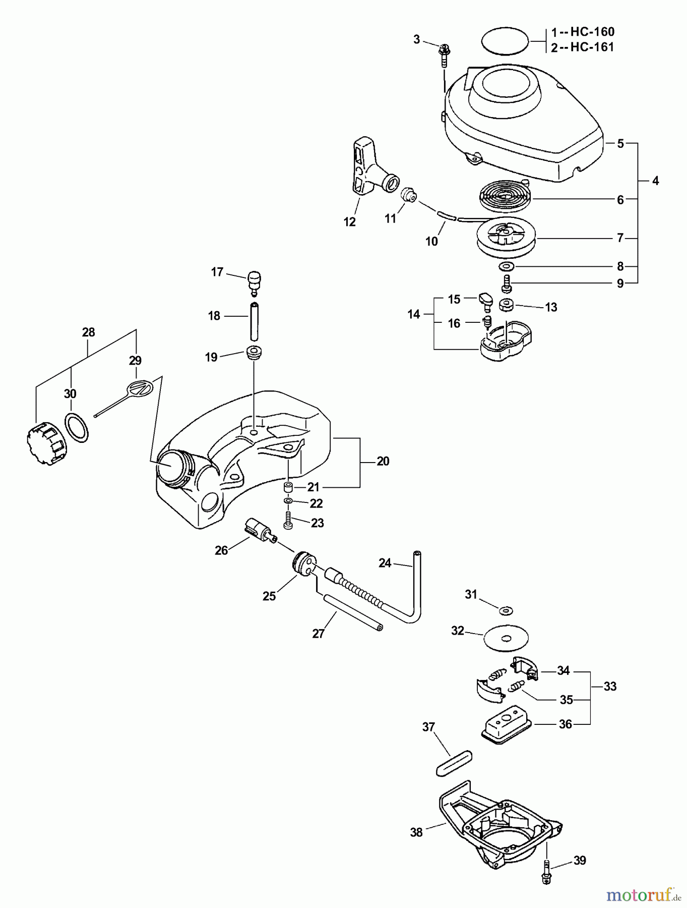 Echo Heckenscheren HC-160 - Echo Hedge Trimmer, S/N: 05001001 - 05999999 Starter, Fuel System, Clutch