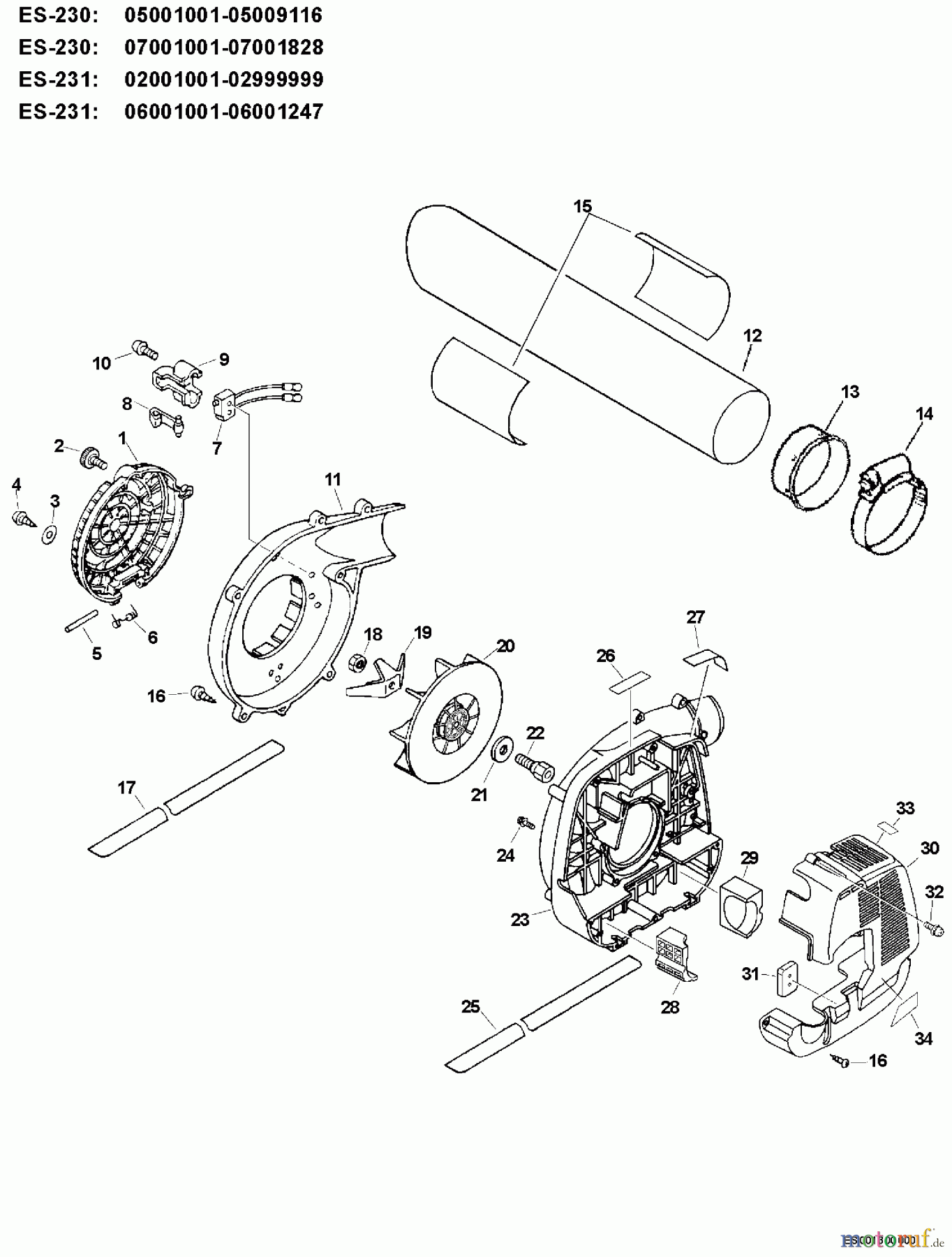  Echo Bläser / Sauger / Häcksler / Mulchgeräte	 ES-231 - Echo Shredder/Vacuum, S/N: 06001001 - 06999999 Fan Case, Suction Tube With Sleeve  S/N: 06001001 - 06001247
