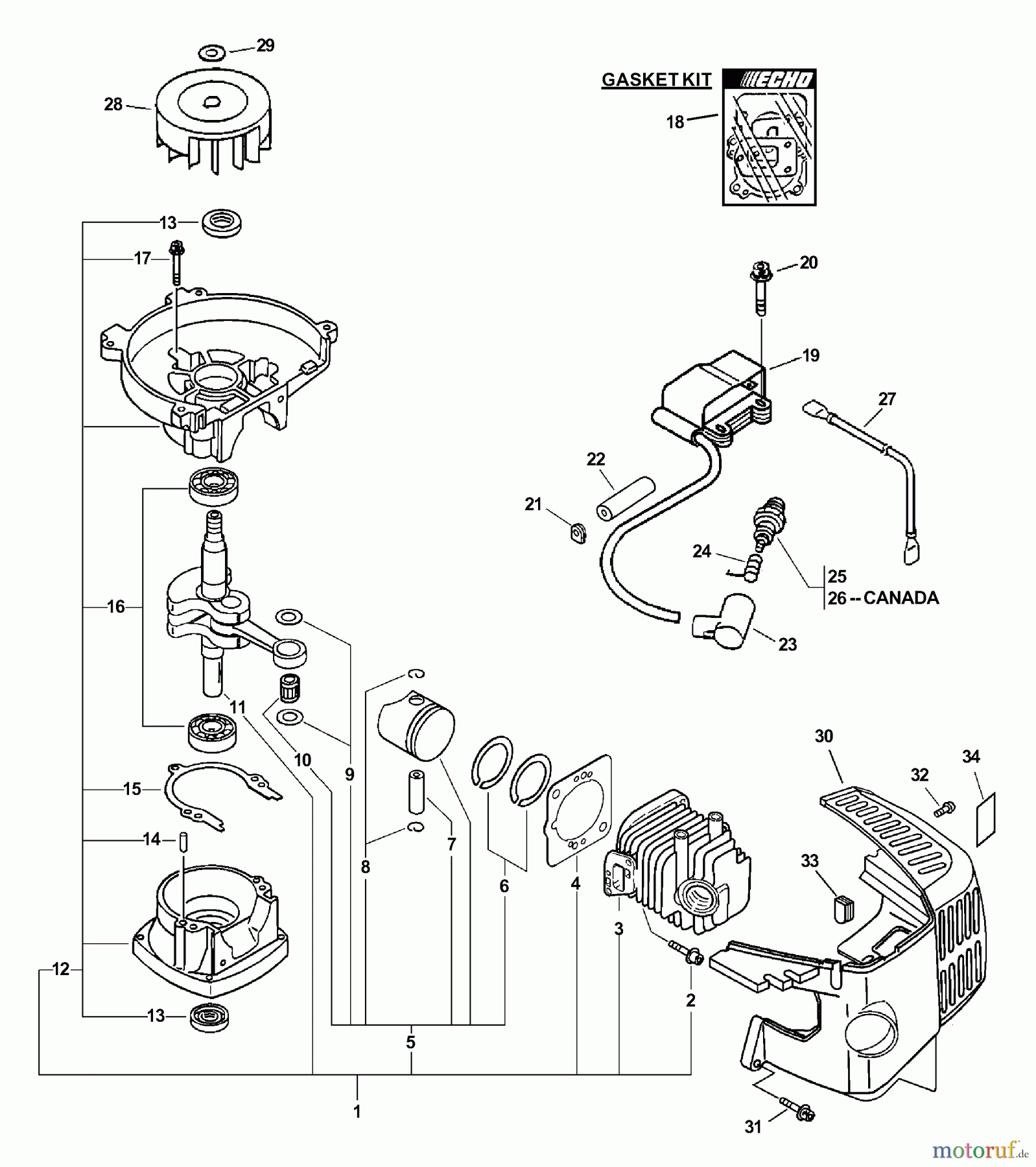 Echo Heckenscheren HC-180 - Echo Hedge Trimmer, S/N: 05001001 - 05999999 Engine, Short Block, Ignition, Cylinder Cover
