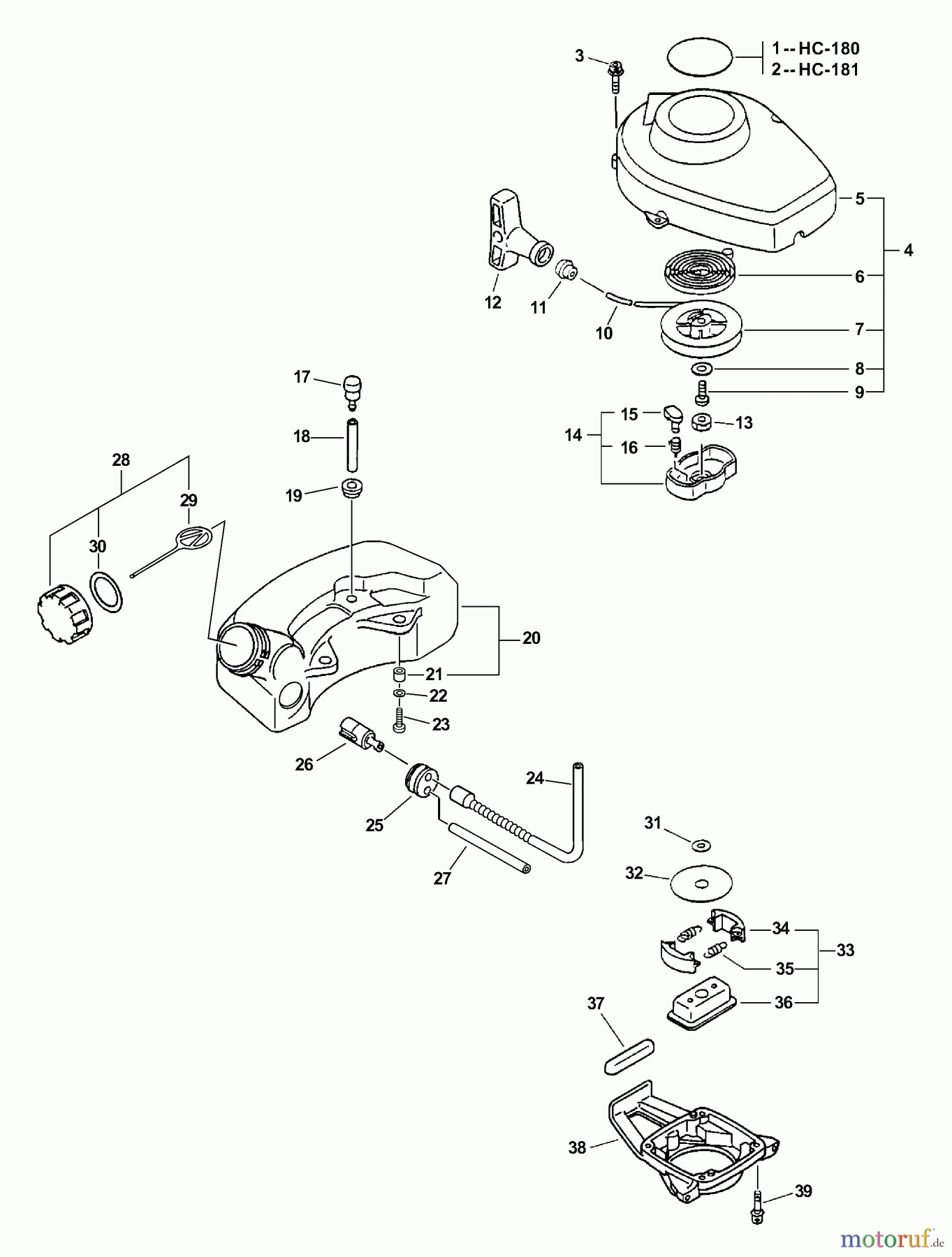 Echo Heckenscheren HC-180 - Echo Hedge Trimmer, S/N: 08001001 - 08999999 Starter, fuel System, Clutch