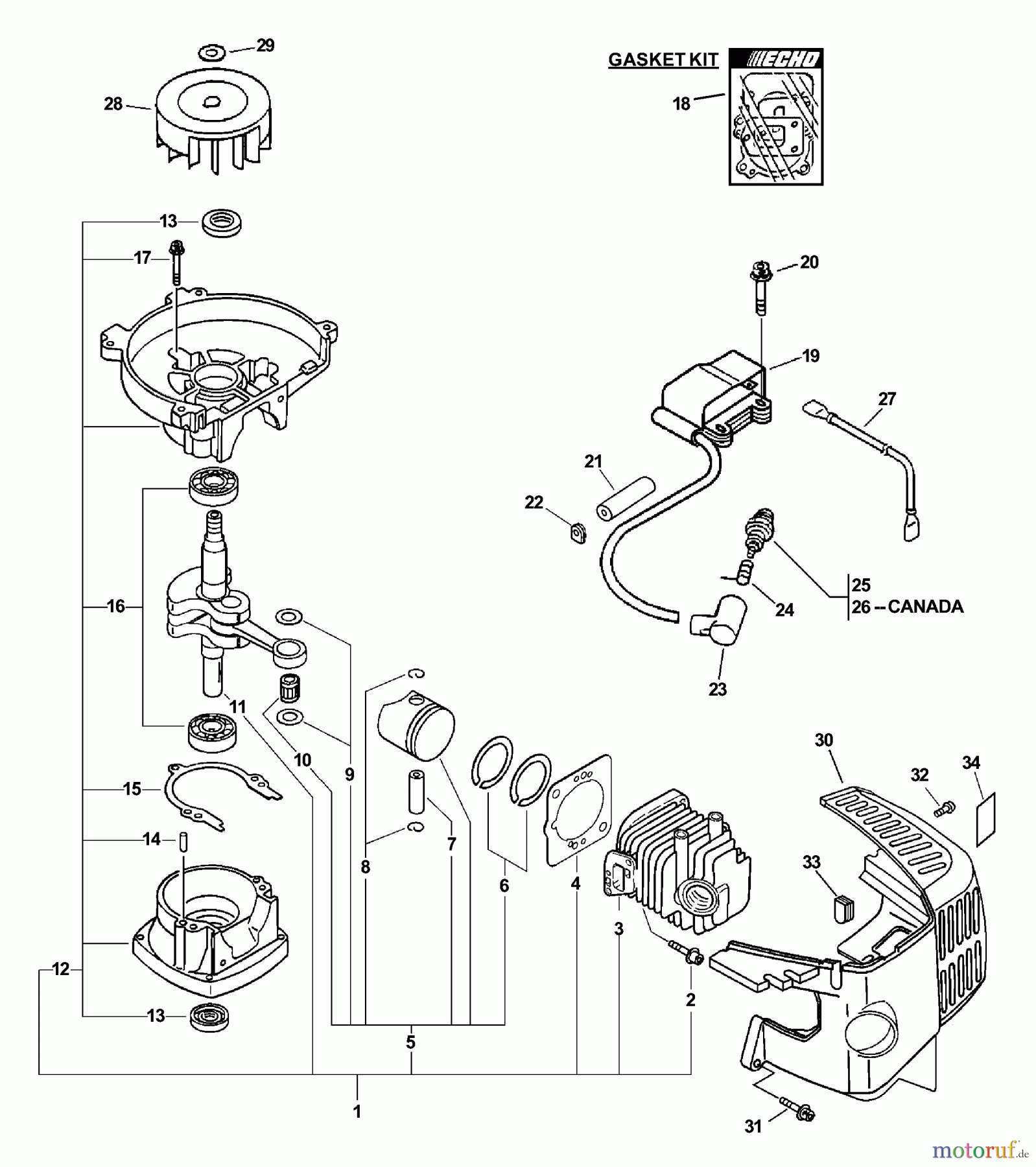 Echo Heckenscheren HC-200 - Echo Hedge Trimmer, S/N: 05001001 - 05999999 Engine, Short Block, Ignition, Cylinder Cover